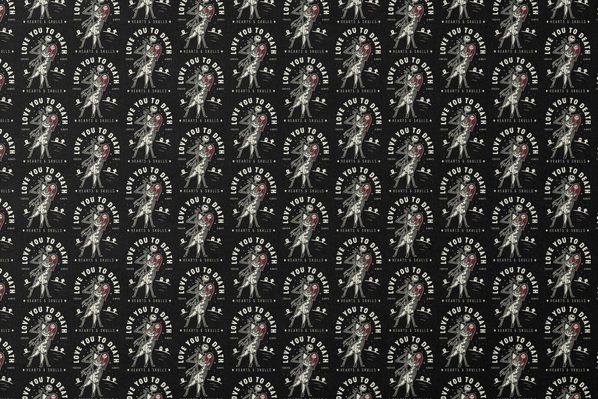 Repeating pattern of skeletal figures holding red hearts with "LOVE YOU TO DEATH" text on black background designs flat mockup
