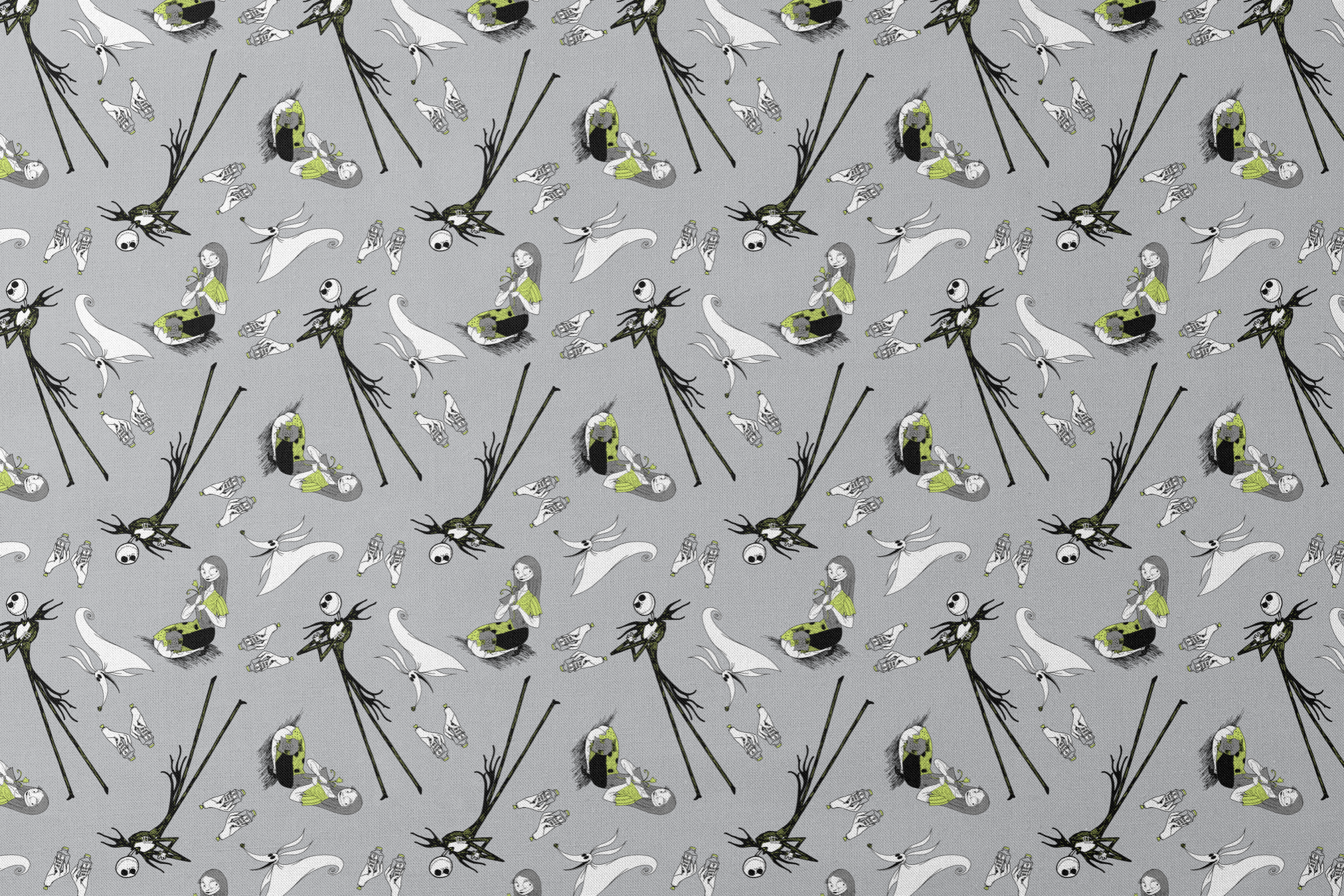 Spooky pattern with stylized ghostly figures, skeletal creatures, and green accents on gray background designs flat mockup