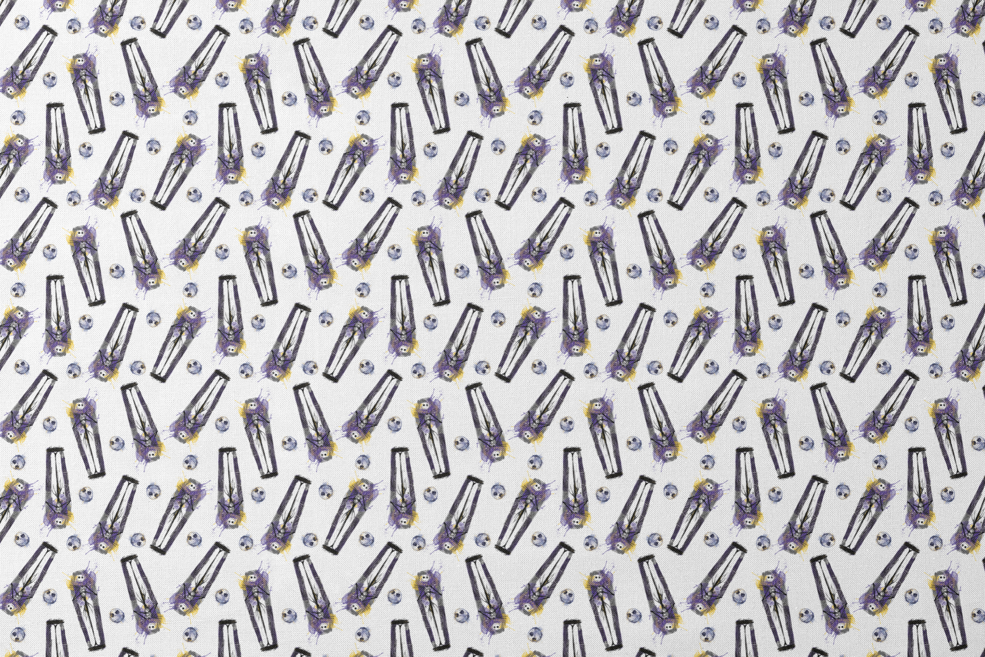 Repeating pattern of stylized gothic figures in black and purple with skull-like faces on white background designs flat mockup