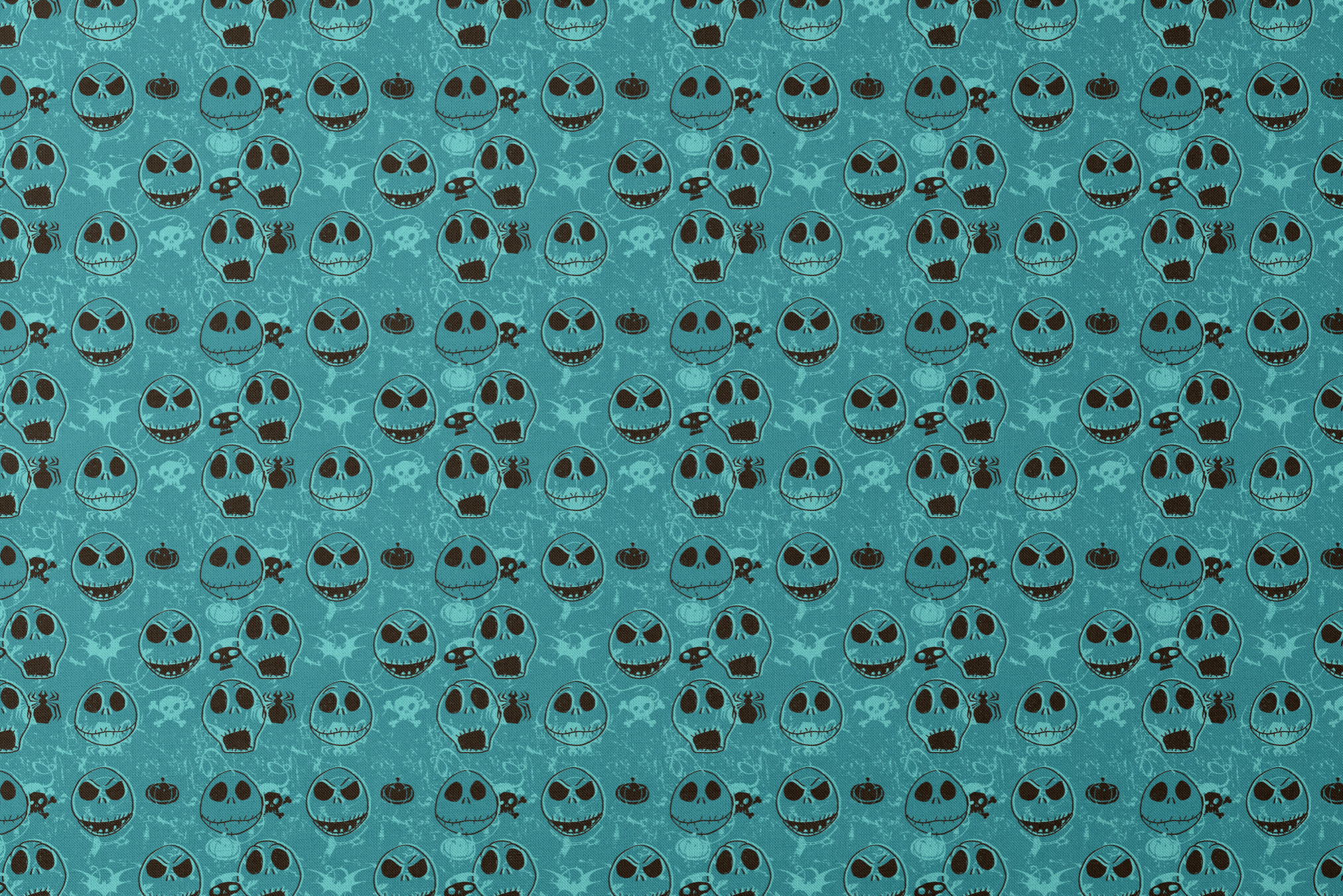 Teal pattern of cartoon skull faces with different expressions, Halloween elements like pumpkins and spiders designs flat mockup