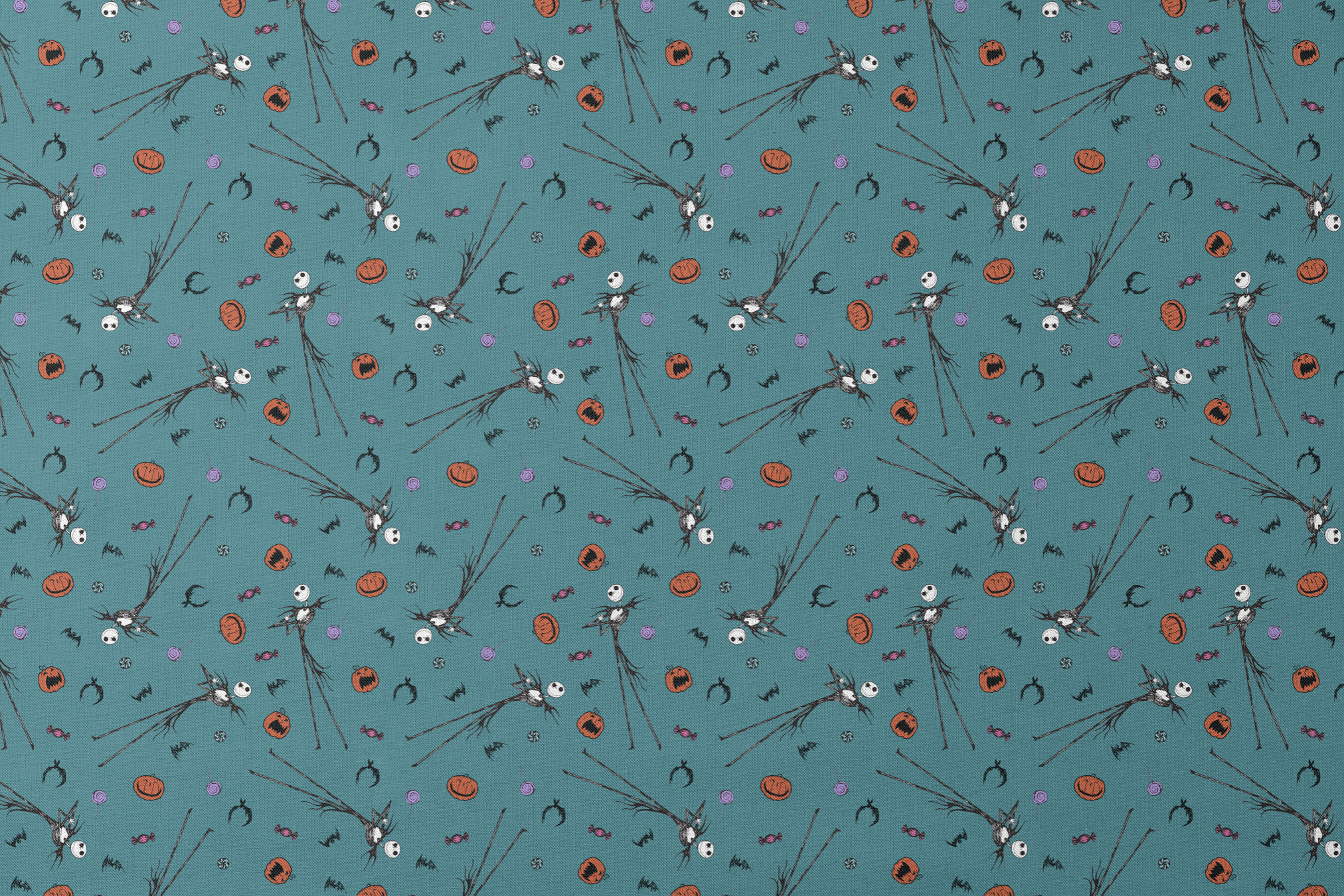 Halloween pattern with witch brooms, pumpkins, bats, candy, and creepy eyes on teal background designs flat mockup