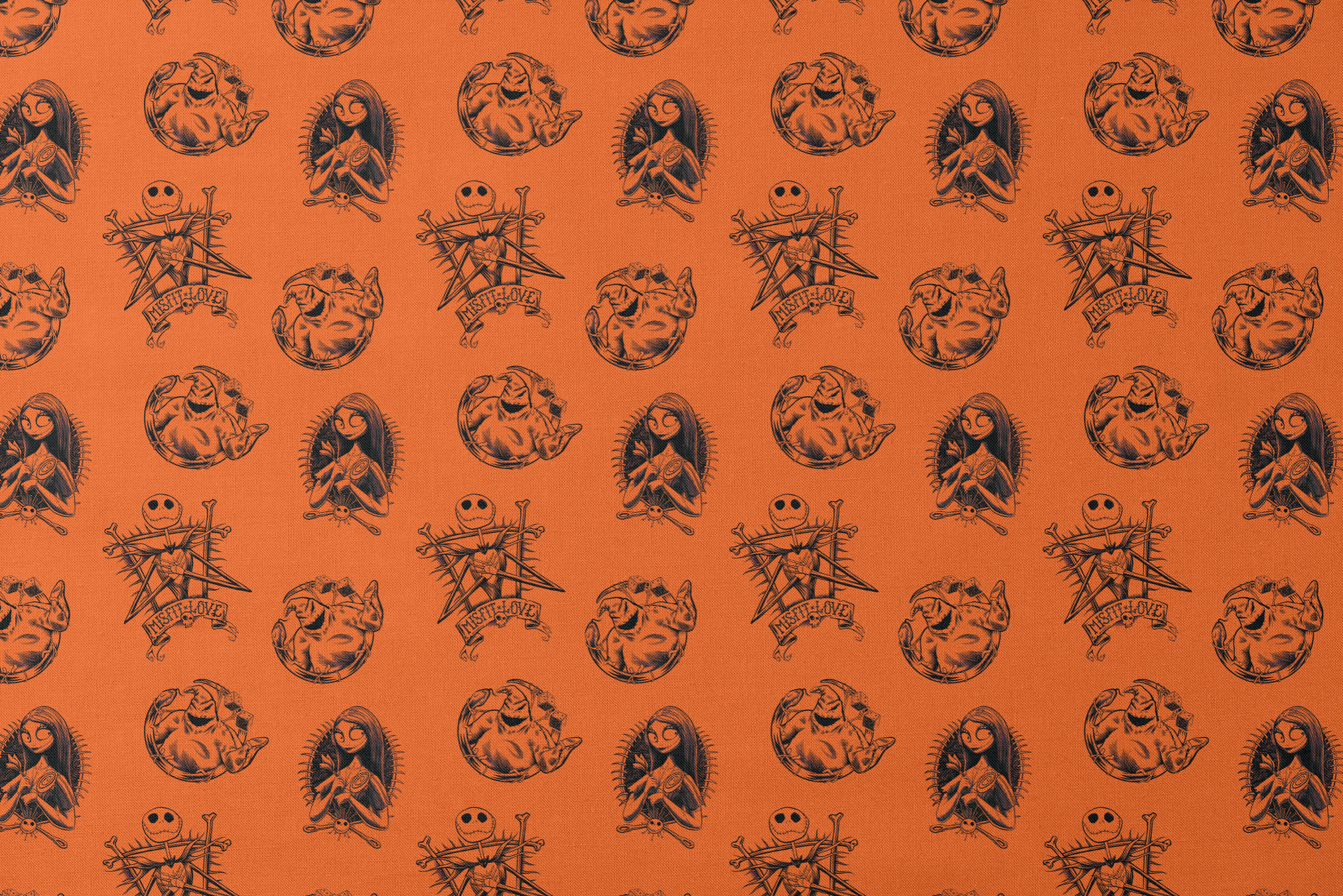 Halloween-themed pattern with spooky characters including Jack Skellington on bright orange background designs flat mockup