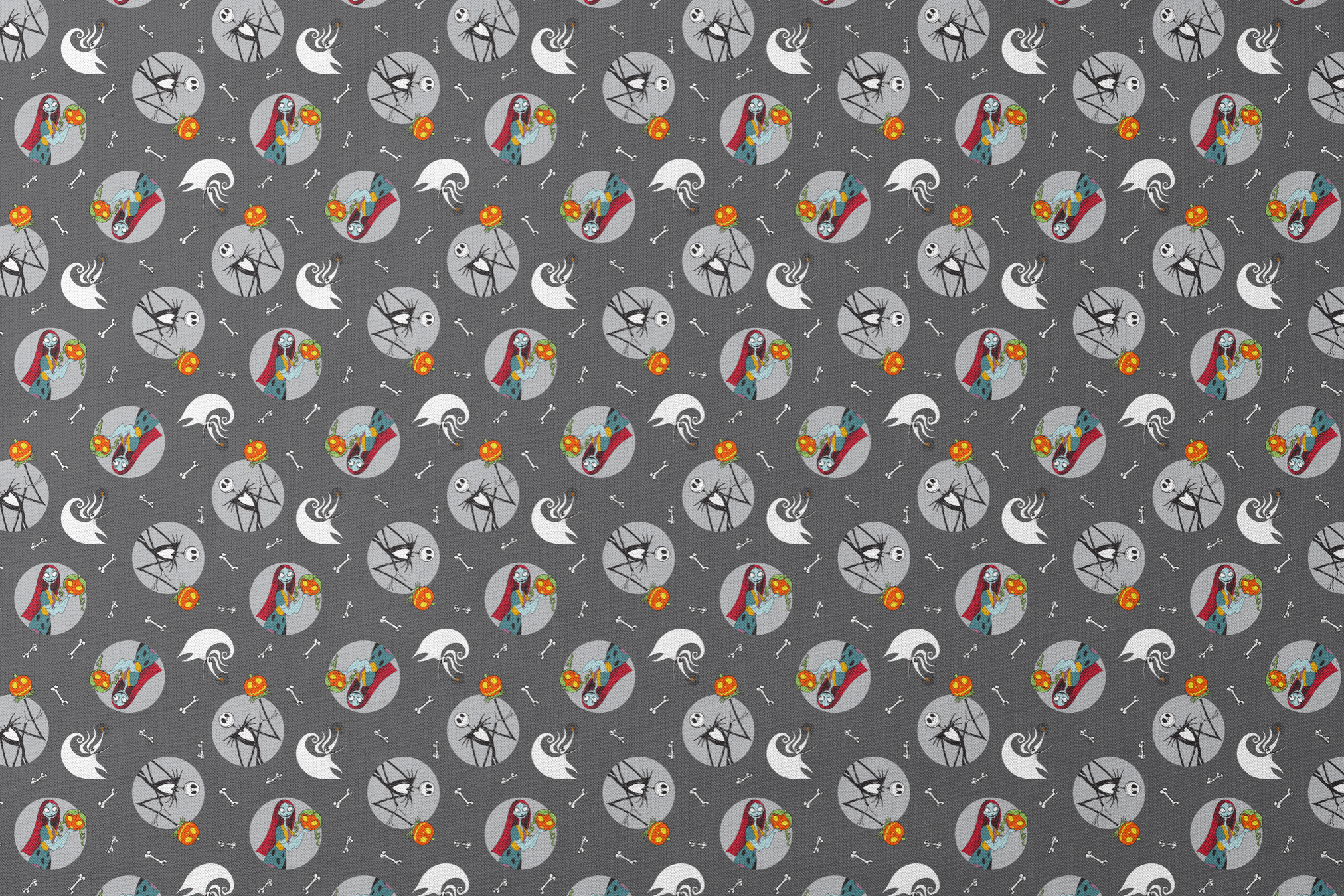 Nightmare Before Christmas themed pattern with Sally and Jack Skellington, pumpkins, bones, and ghostly designs on gray background designs flat mockup