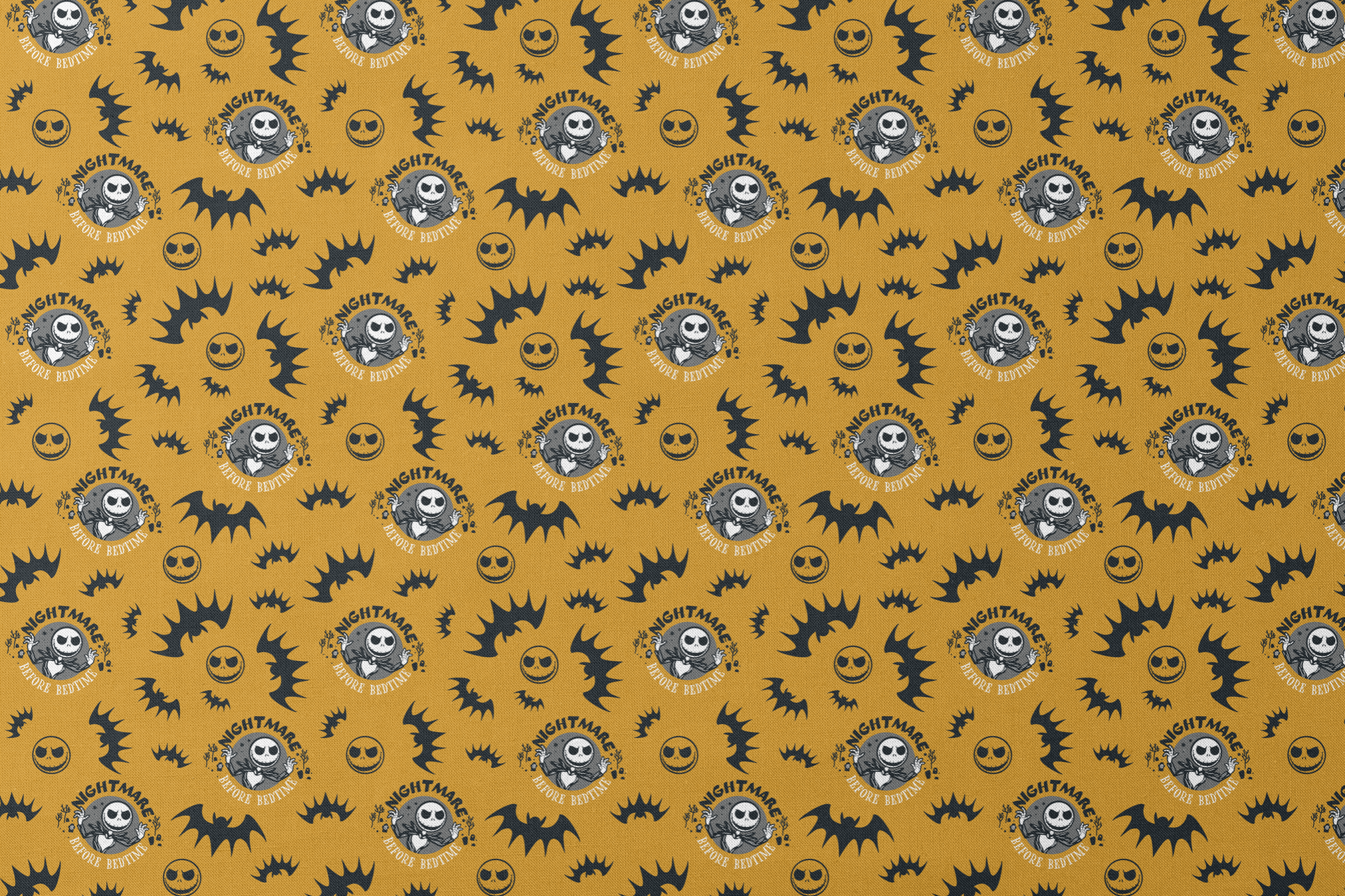 Halloween pattern with skeletal figure, "Nightmare" text, yellow background, black bats and smiling faces designs flat mockup