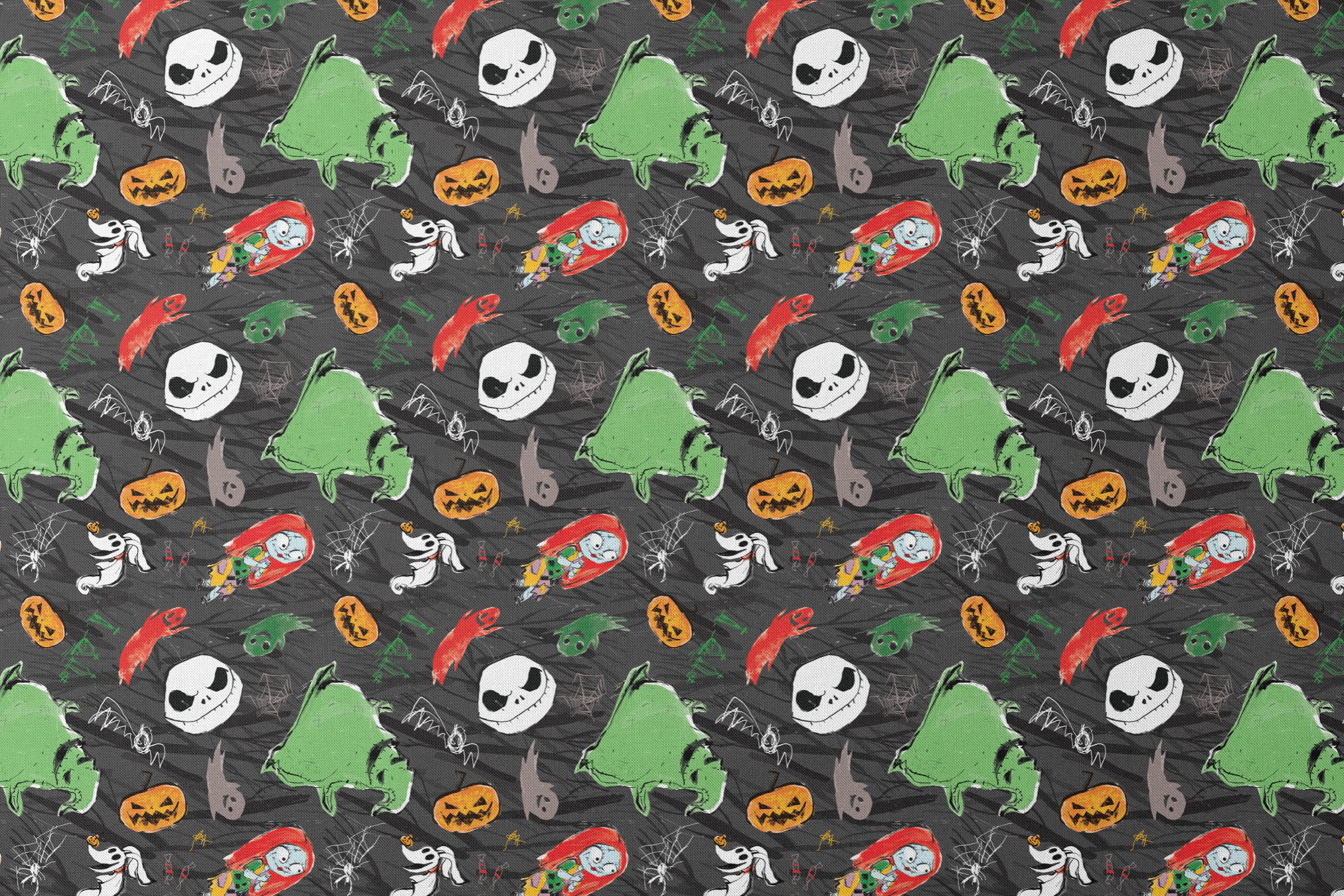 Nightmare Before Christmas pattern with Jack's face, green ghosts, orange pumpkins, spiders, and white ghosts on dark gray background designs flat mockup