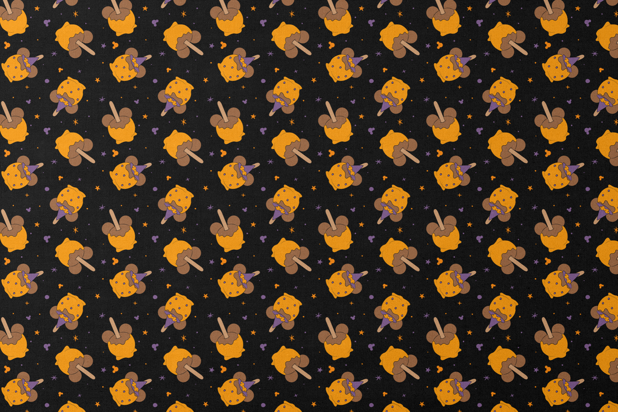 Disney-inspired caramel apples and candy apples floating in a space-like black background with purple stars. designs flat mockup