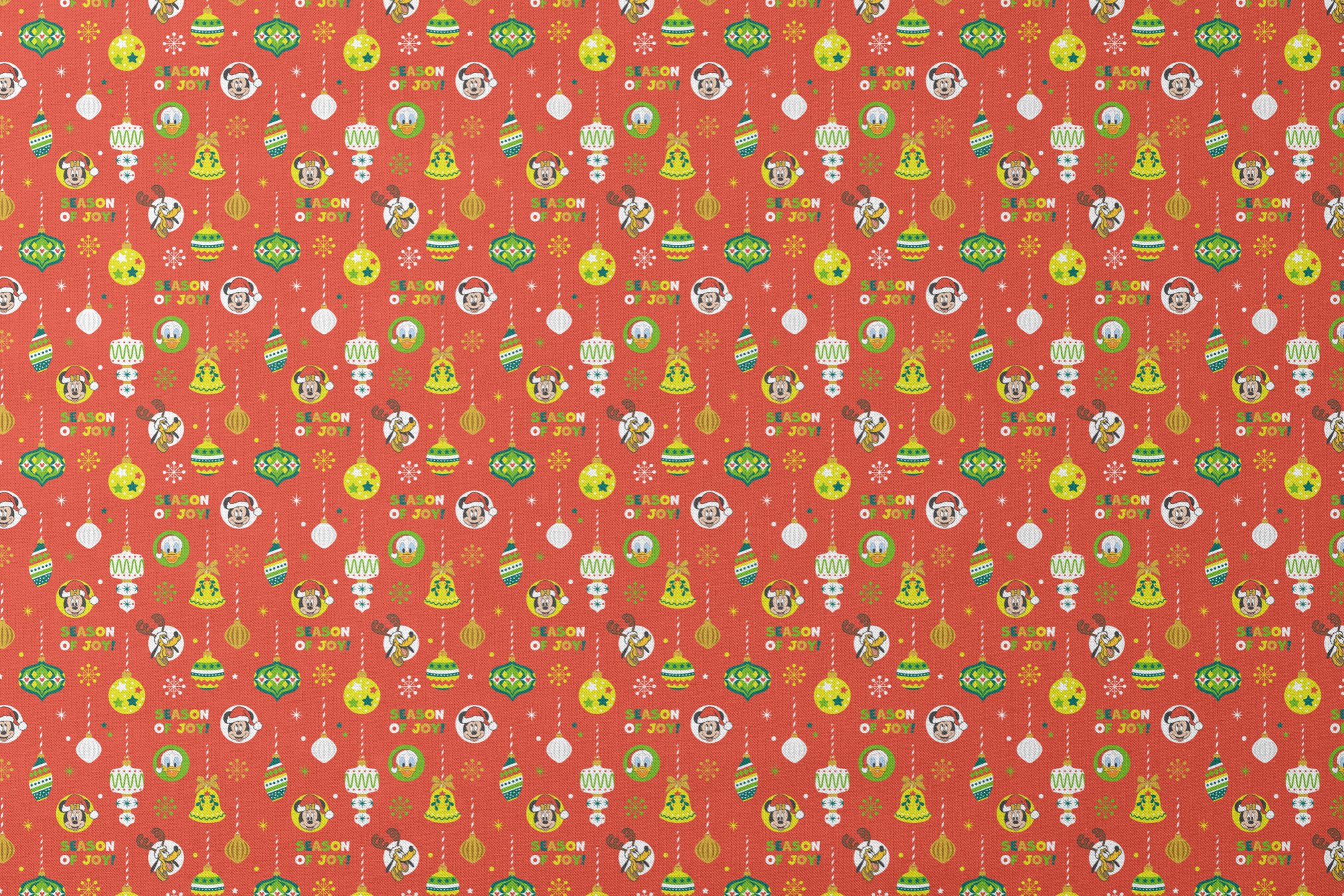 Christmas ornament pattern with colorful baubles, bells, snowflakes and Mickey Mouse characters on bright red background designs flat mockup