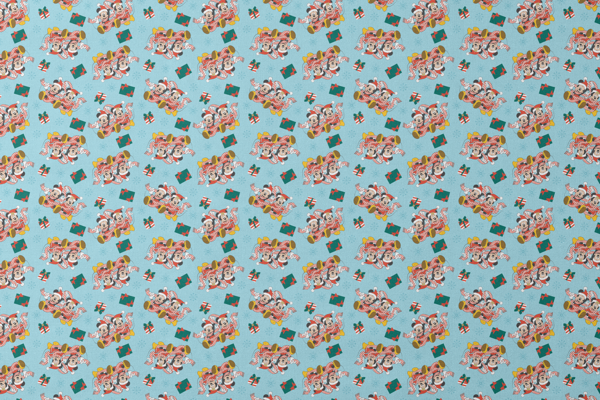Mickey and Minnie Mouse pattern with candy stripe pajamas, presents, and snowflakes on light blue background designs flat mockup