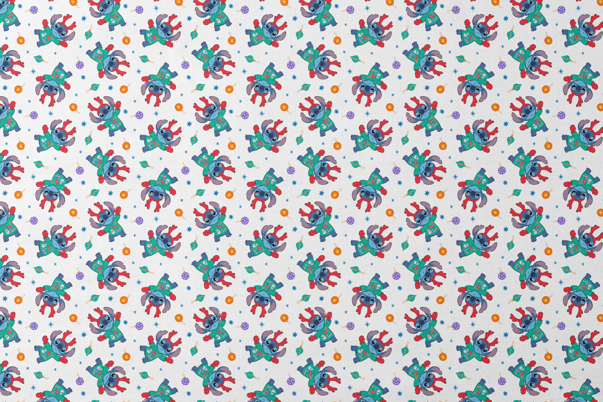 Disney's Stitch wearing green Christmas sweater and red scarf in repeating pattern with ornaments and stars. designs flat mockup