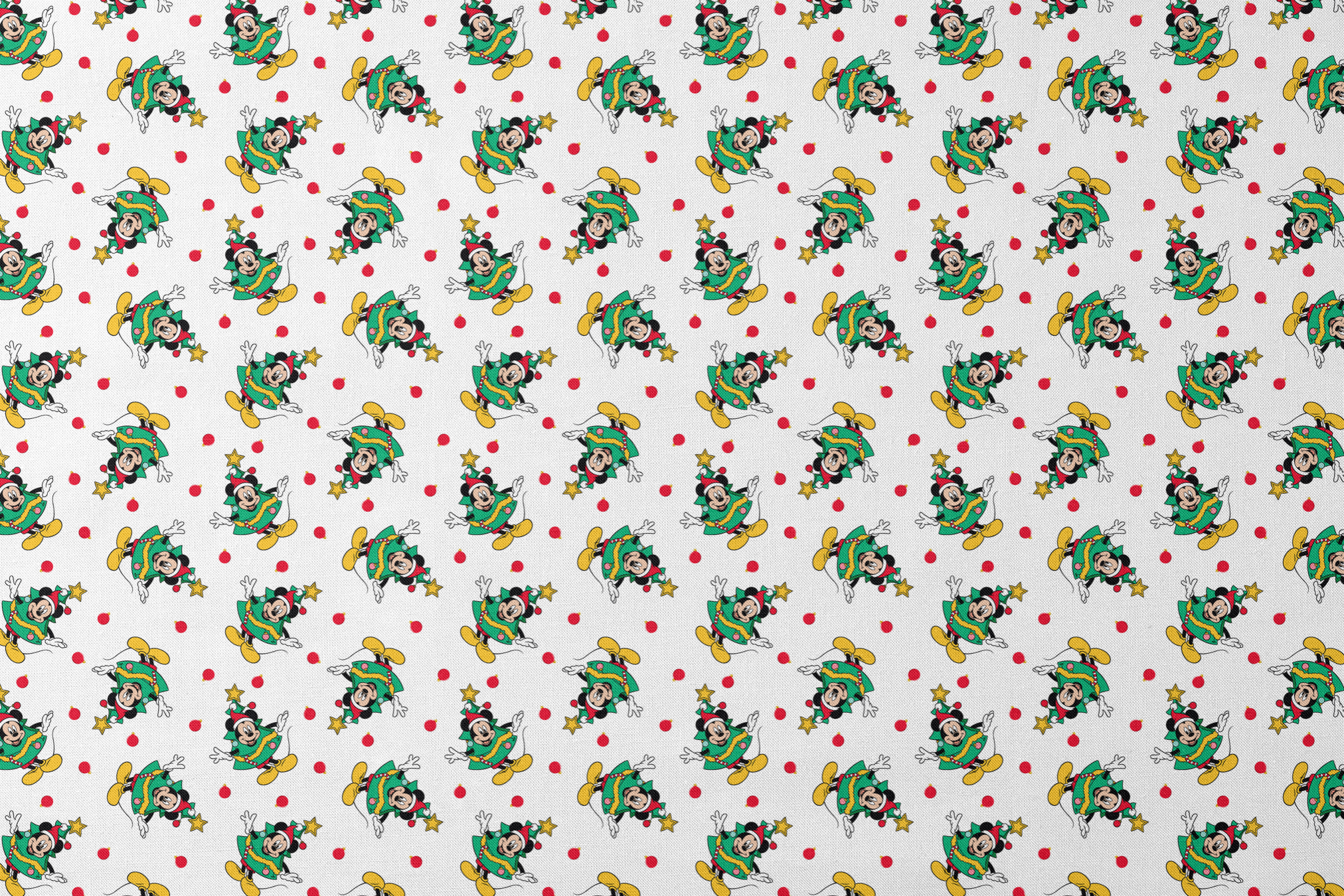 Mickey Mouse in a Christmas tree costume and stars on white background with red dots designs flat mockup