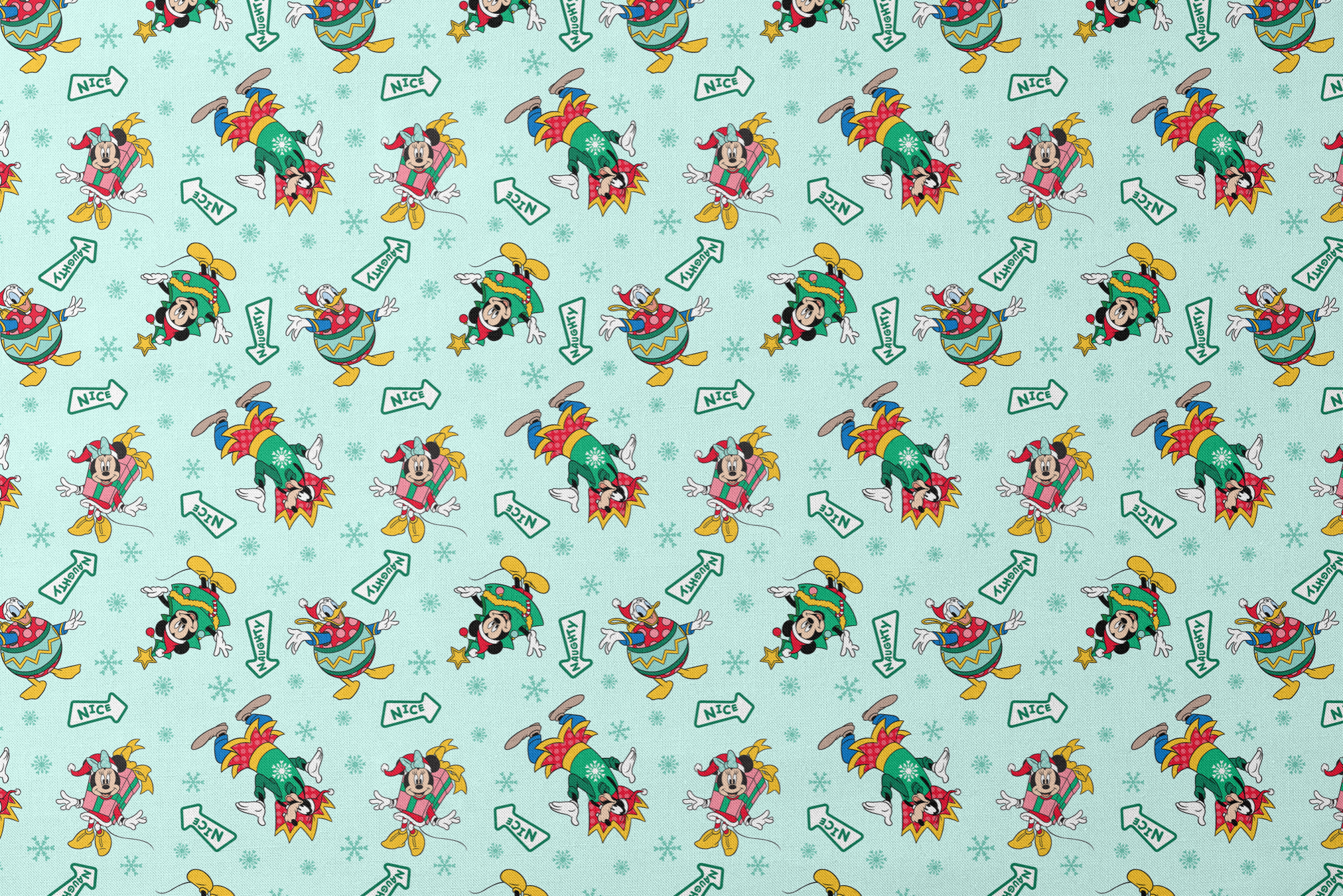 Disney character pattern with Minnie and Mickey in festive holiday outfits on light blue background with snowflakes and "Nice" signs. designs flat mockup