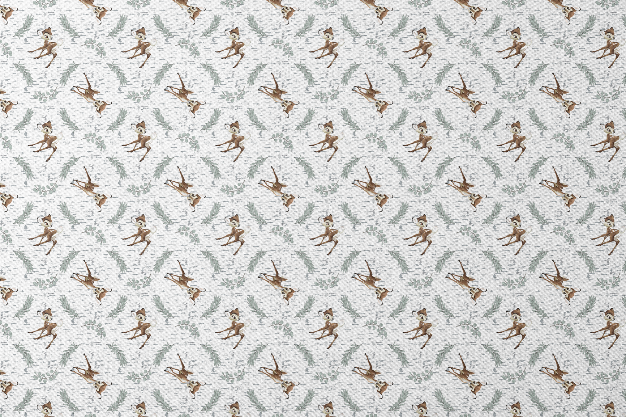 Disney’s Bambi surrounded by sage green sprigs, leafy branches, and birch bark textures on a white background in a woodland-themed scattered repeat. designs flat mockup