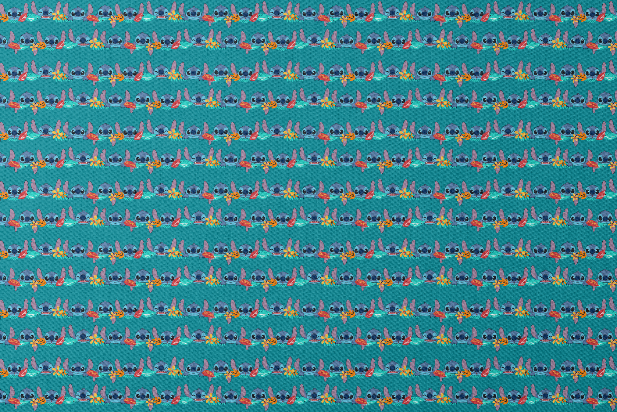 Repeating stripe design with Disney’s Stitch peeking between rows of tropical hibiscus flowers and colorful leaves on a teal background. designs flat mockup