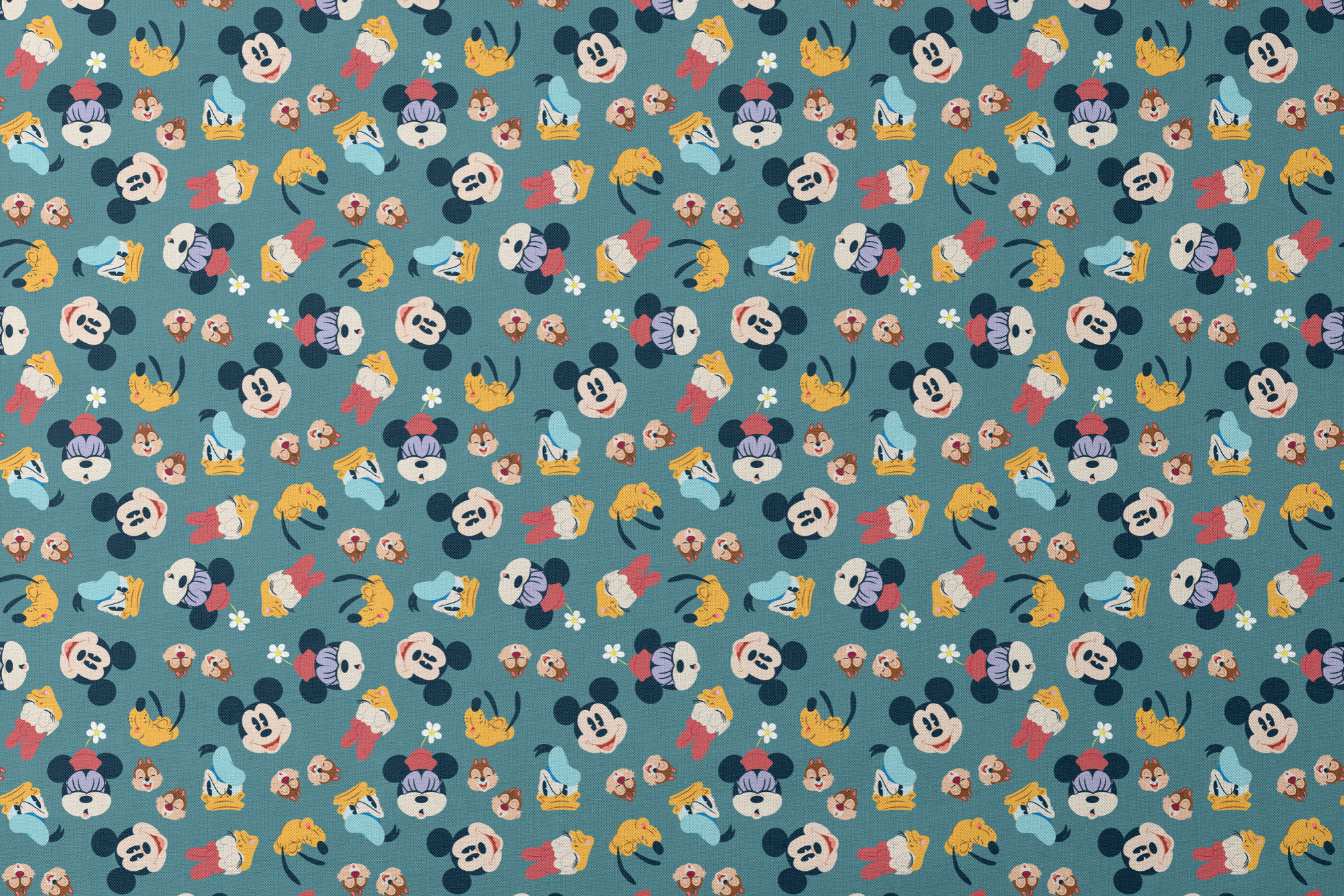 Disney cartoon characters pattern with Mickey Mouse, Donald Duck, and Pluto on teal background with small flowers designs flat mockup