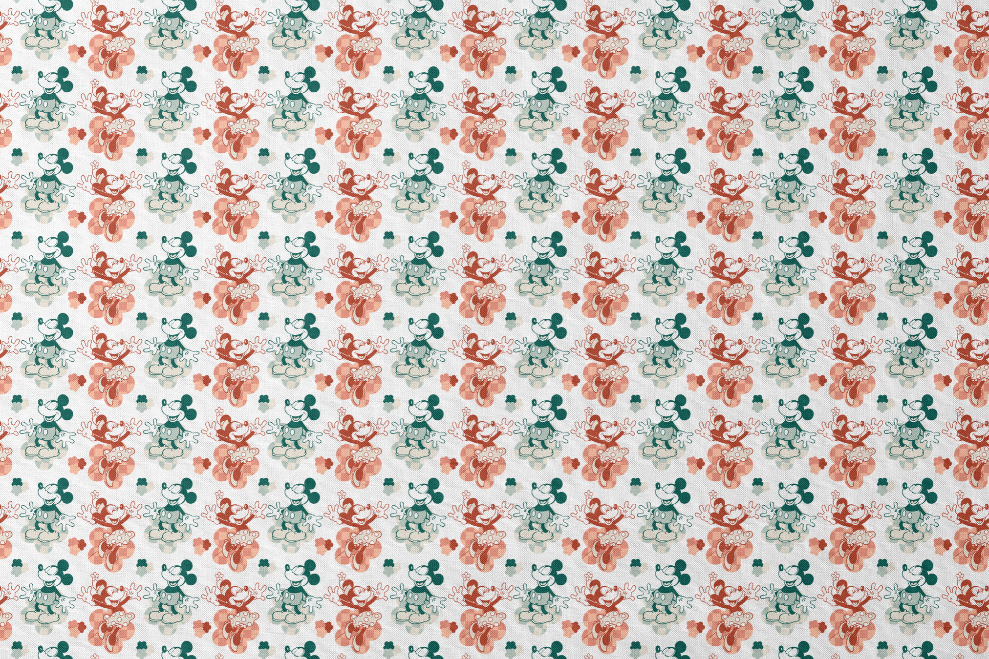 Repeating pattern of vintage-style cartoon characters in green and red-orange tones on white background designs flat mockup