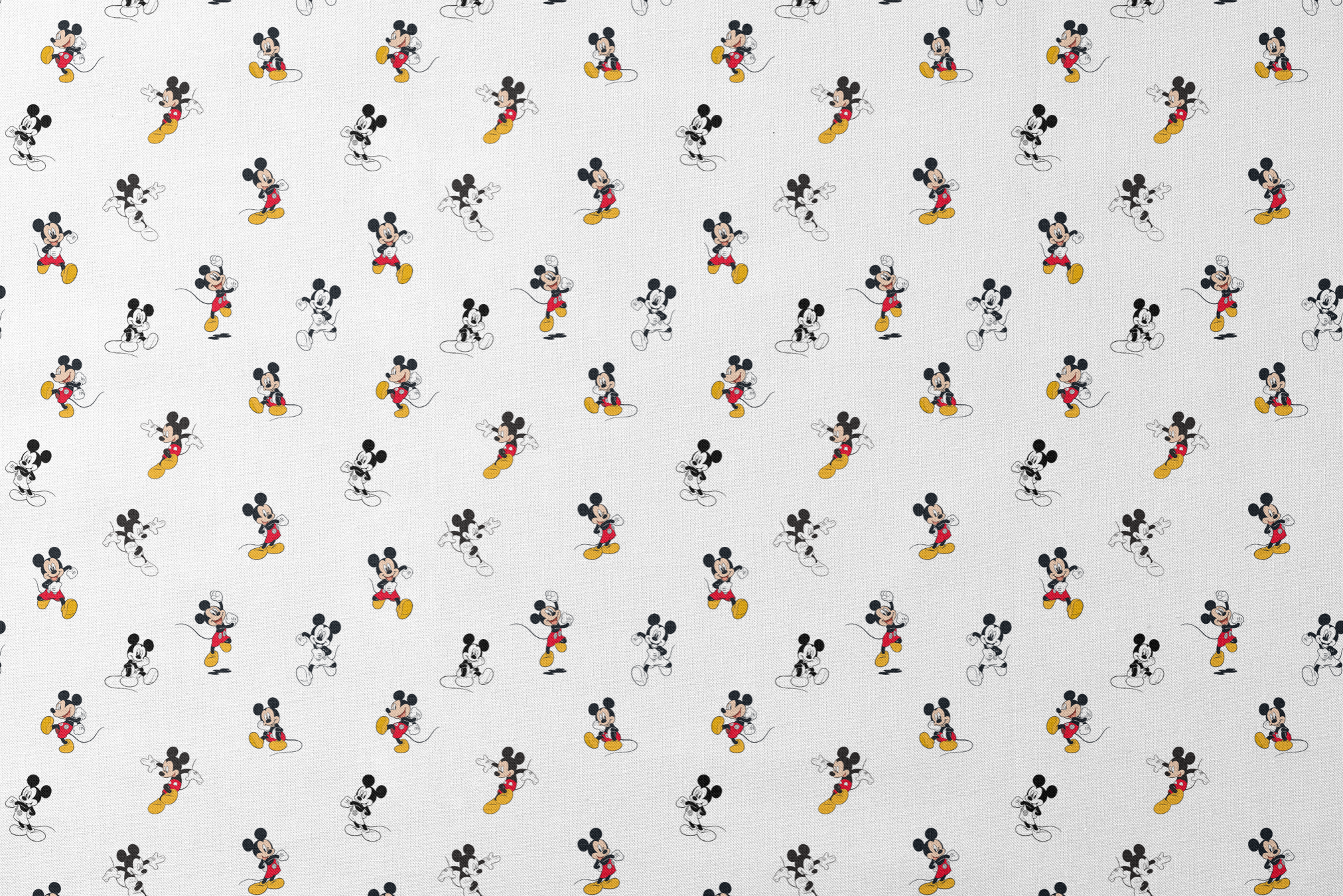 Repeating pattern of Mickey Mouse cartoon characters in various poses on white background designs flat mockup