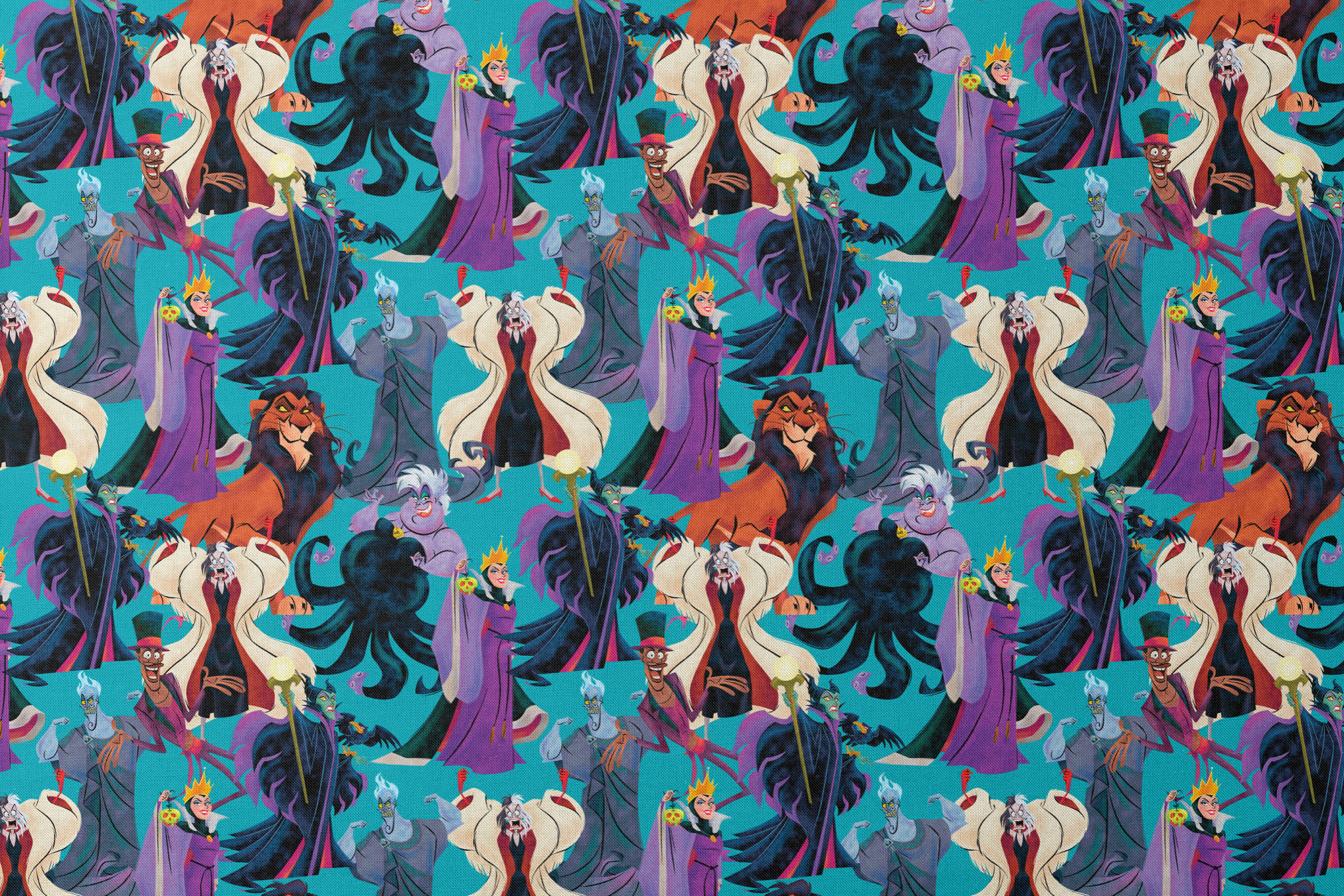 Disney Villains like Ursula, Maleficent, and Hades on a turquoise background in a colorful character pattern. designs flat mockup