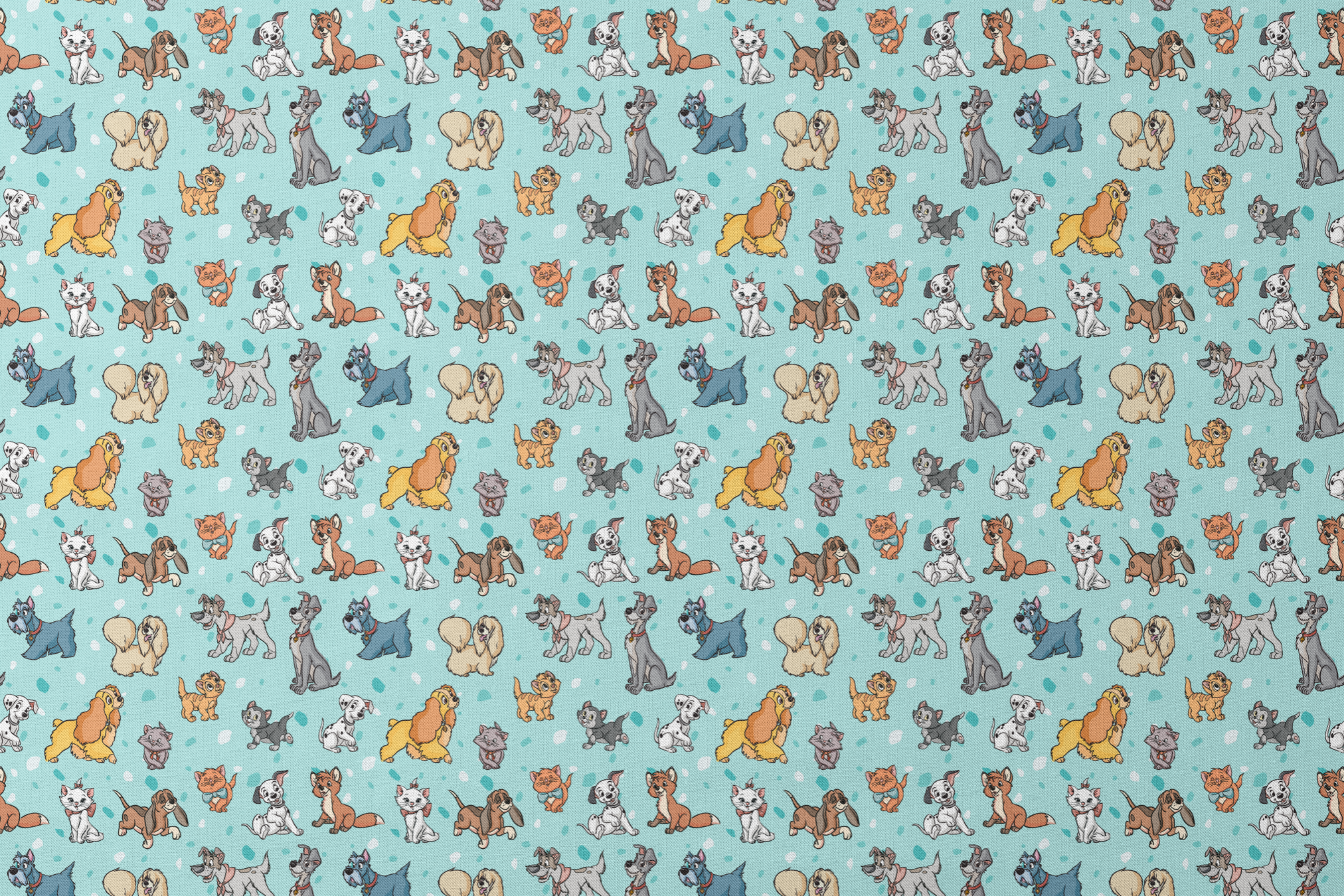 Cartoon-style Disney dogs and cats on a light blue background with scattered spots. designs flat mockup