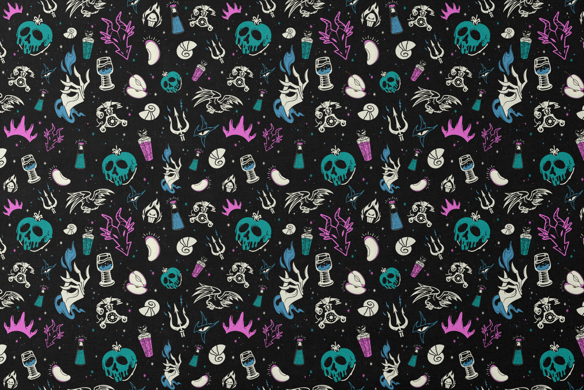 Gothic pattern with Disney villain-inspired icons like skulls, potions, and flames in teal, purple, and blue on black background. designs flat mockup