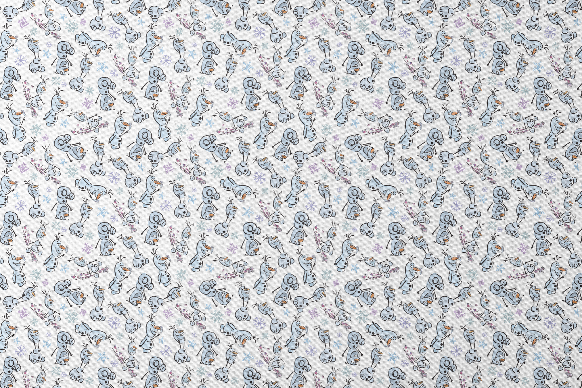 Disney Frozen Olaf with different happy expressions scattered on light blue background with snowflakes designs flat mockup