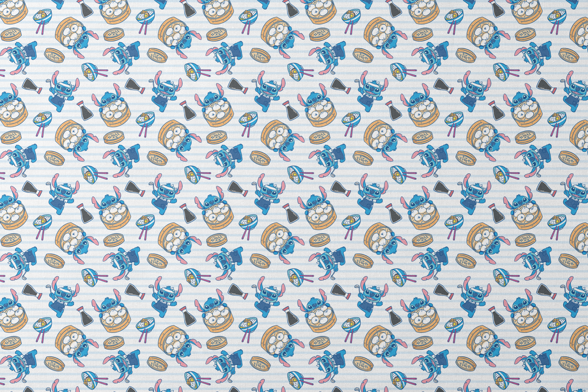 Cartoon Stitch with Chinese dim sum and dumplings on light blue striped background designs flat mockup