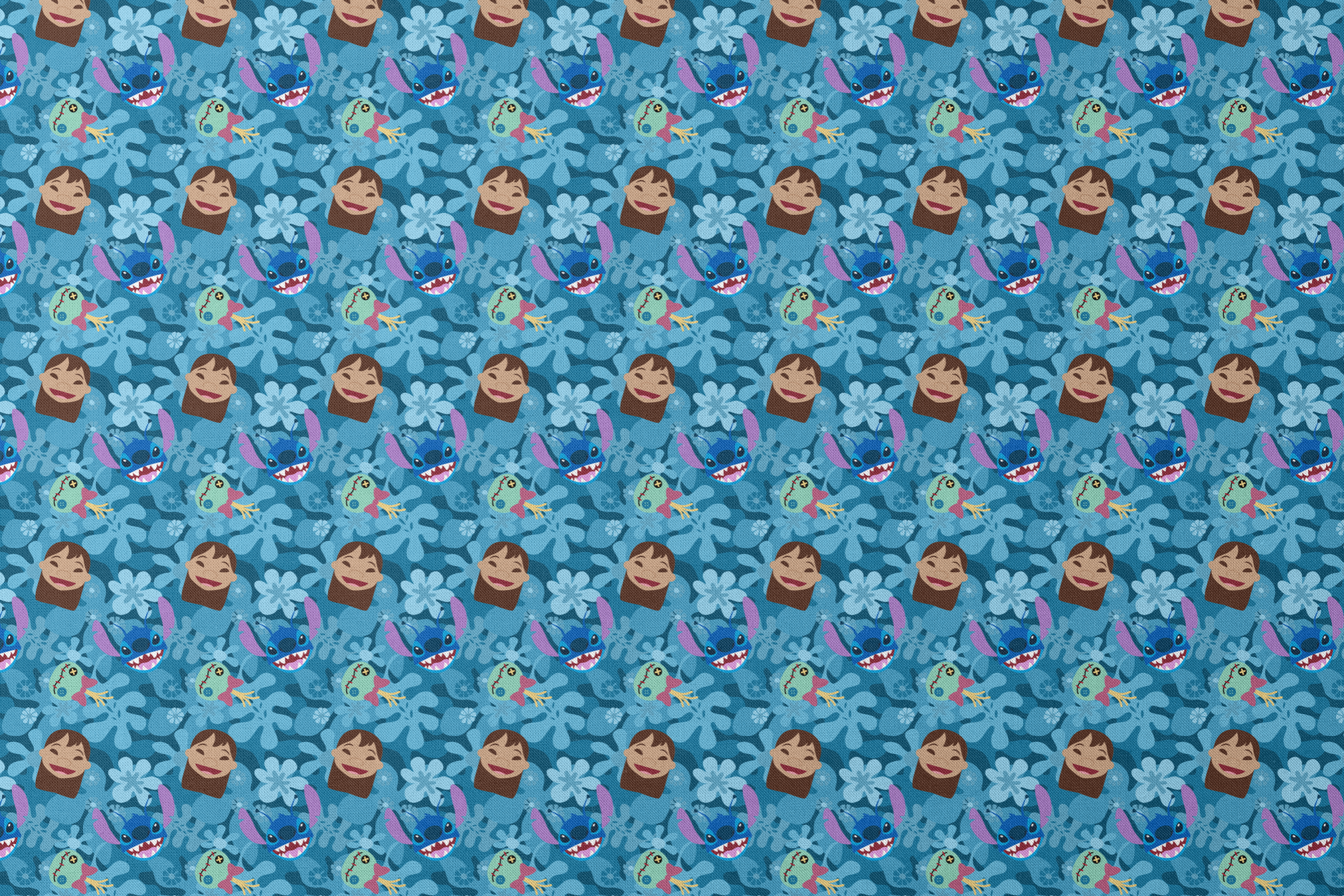 Disney's Stitch among floral elements and smiling faces on turquoise background designs flat mockup