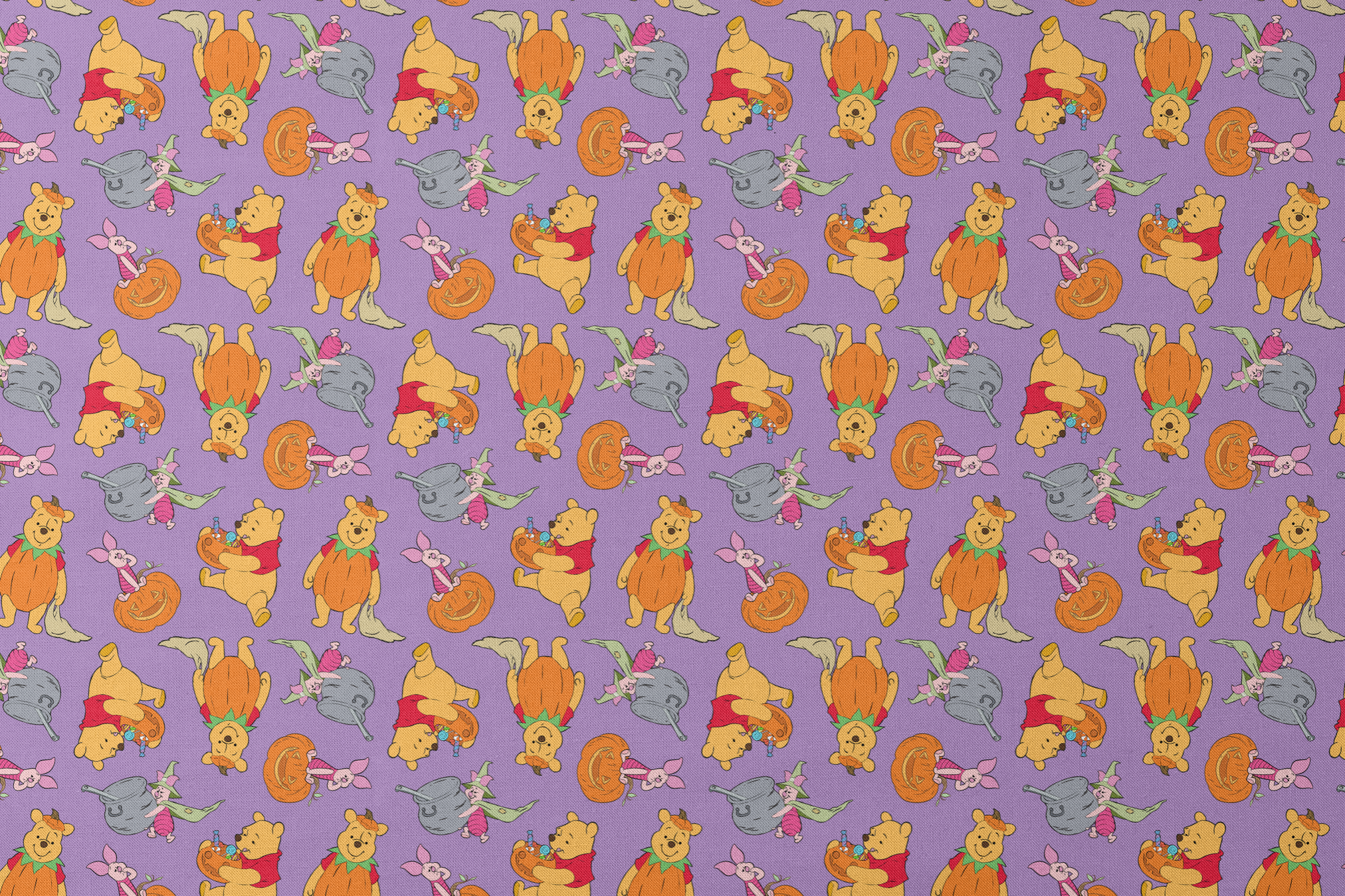 Whimsical Winnie the Pooh pattern with Piglet and Eeyore on purple background with pumpkins designs flat mockup