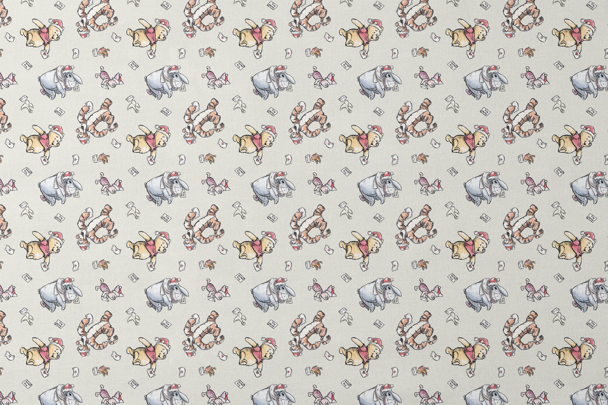 Whimsical cartoon characters in Santa hats on cream background with scattered letters designs flat mockup