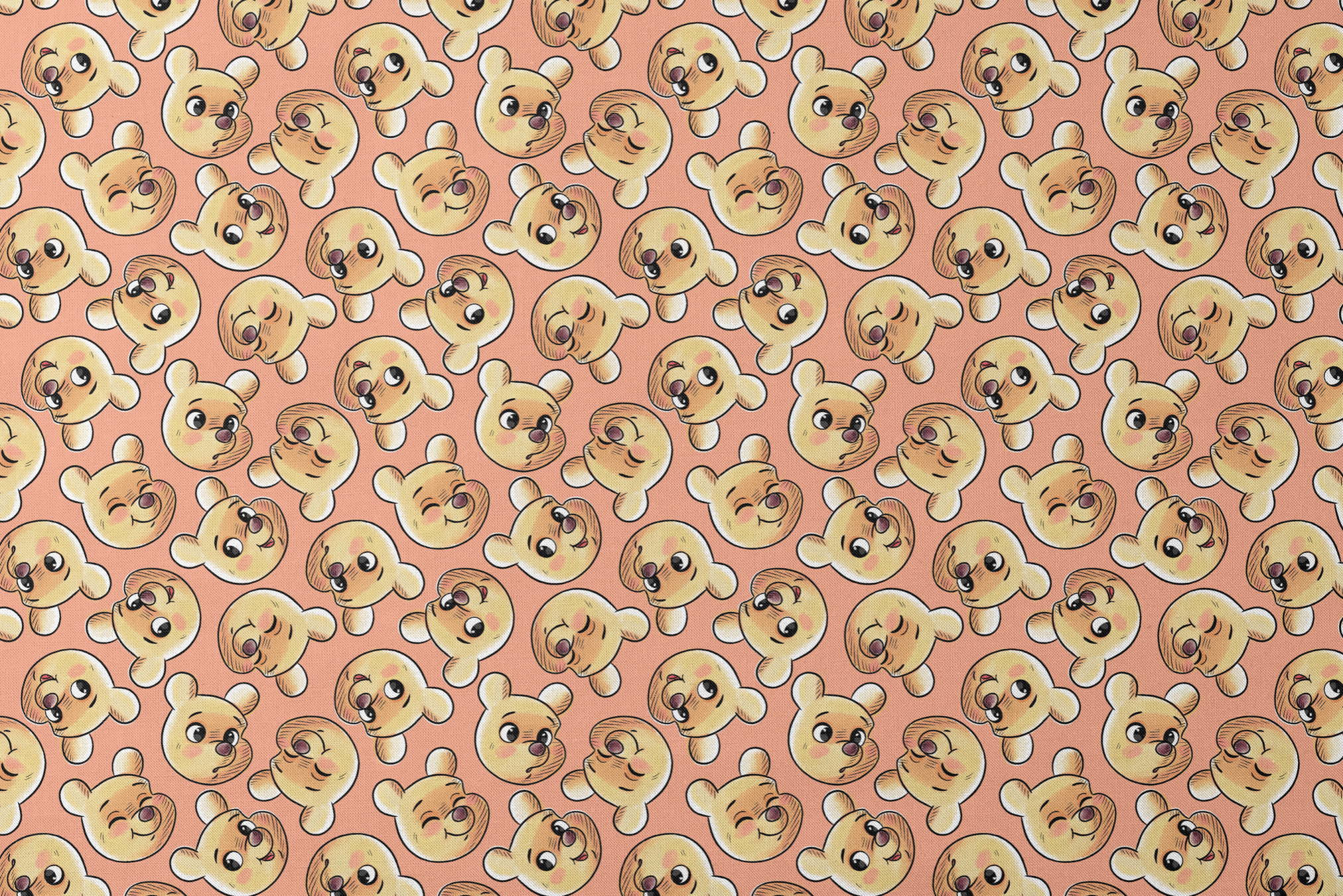 Cartoon teddy bear faces with cute expressions on peach background in repeating pattern designs flat mockup
