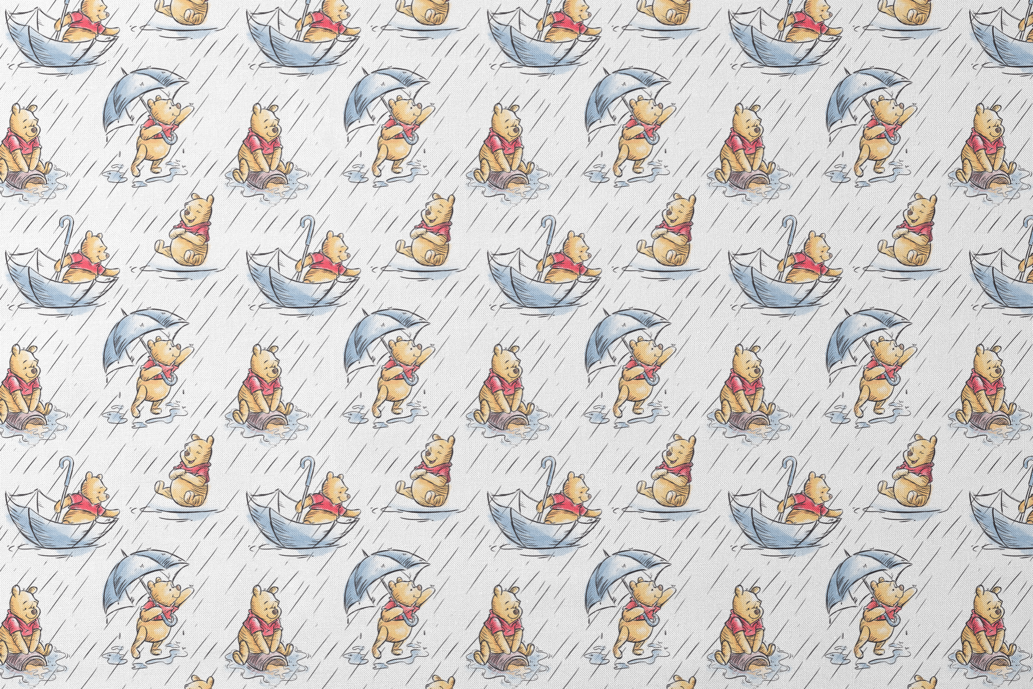 Small bear characters in a rainy scene - some holding umbrellas, others in paper boats, wearing red shirts designs flat mockup