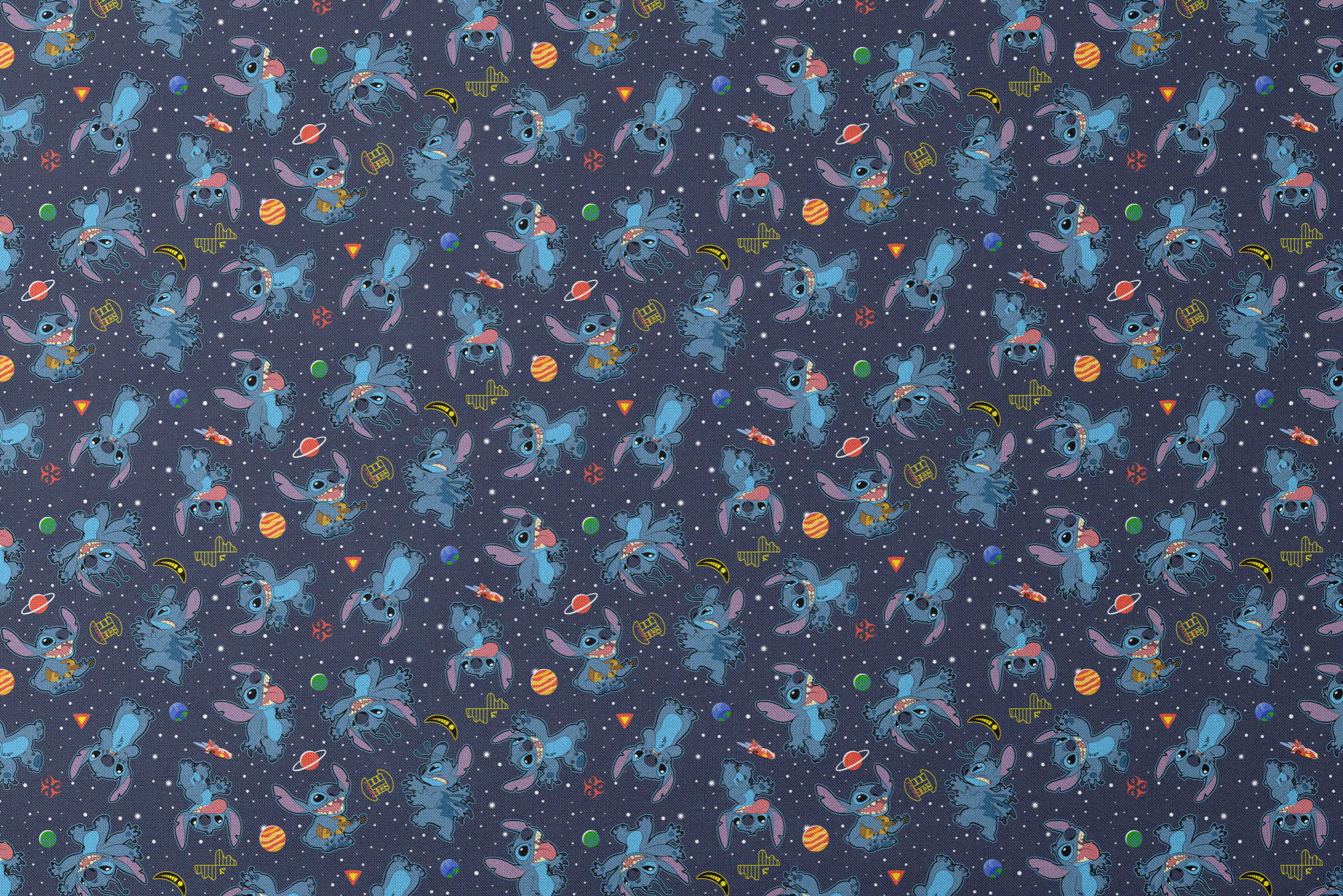 Disney's Stitch floating in space with planets, stars, and spaceships on dark background pattern designs flat mockup