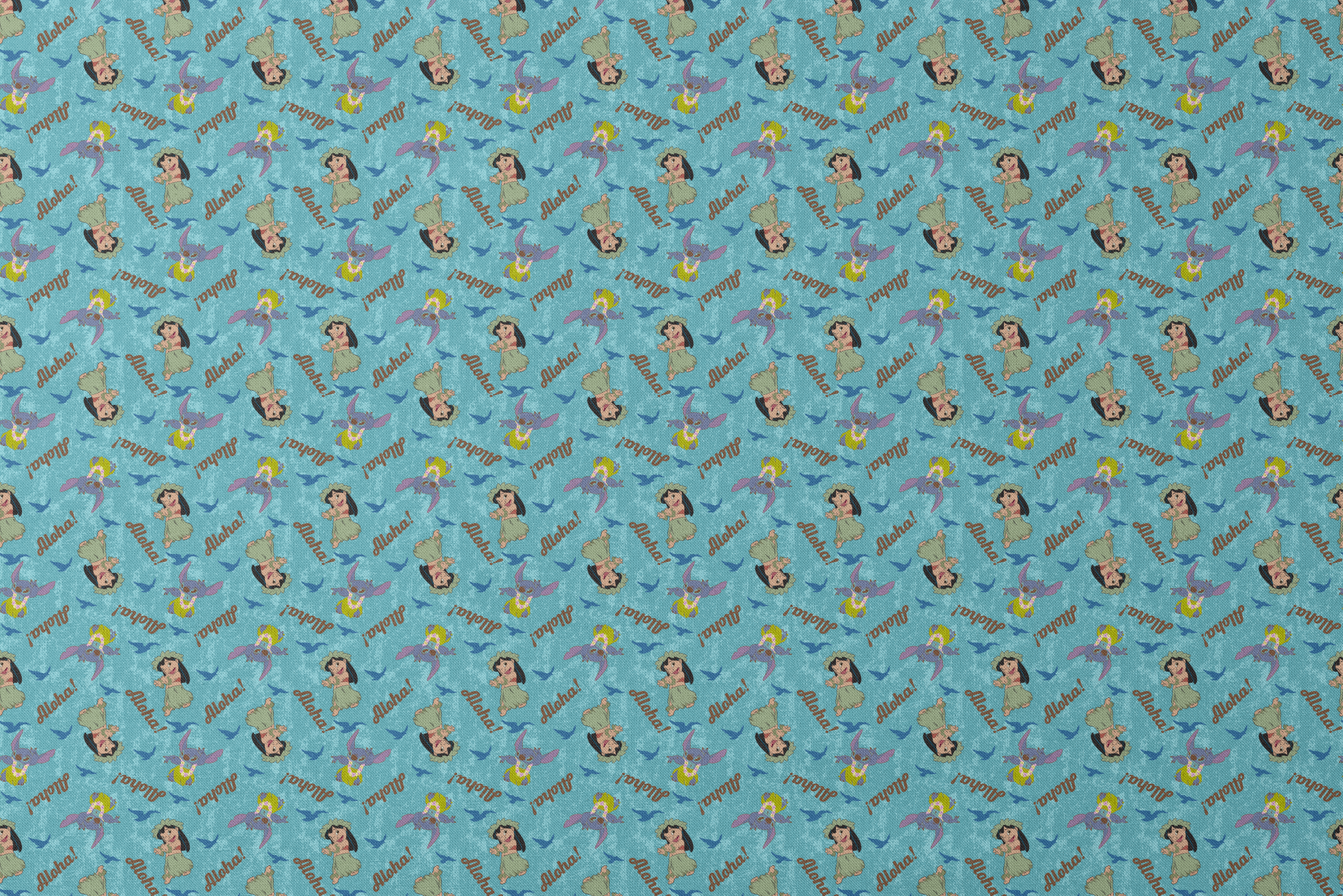 Lilo and Stitch pattern on turquoise background with "Aloha!" text and blue silhouettes designs flat mockup
