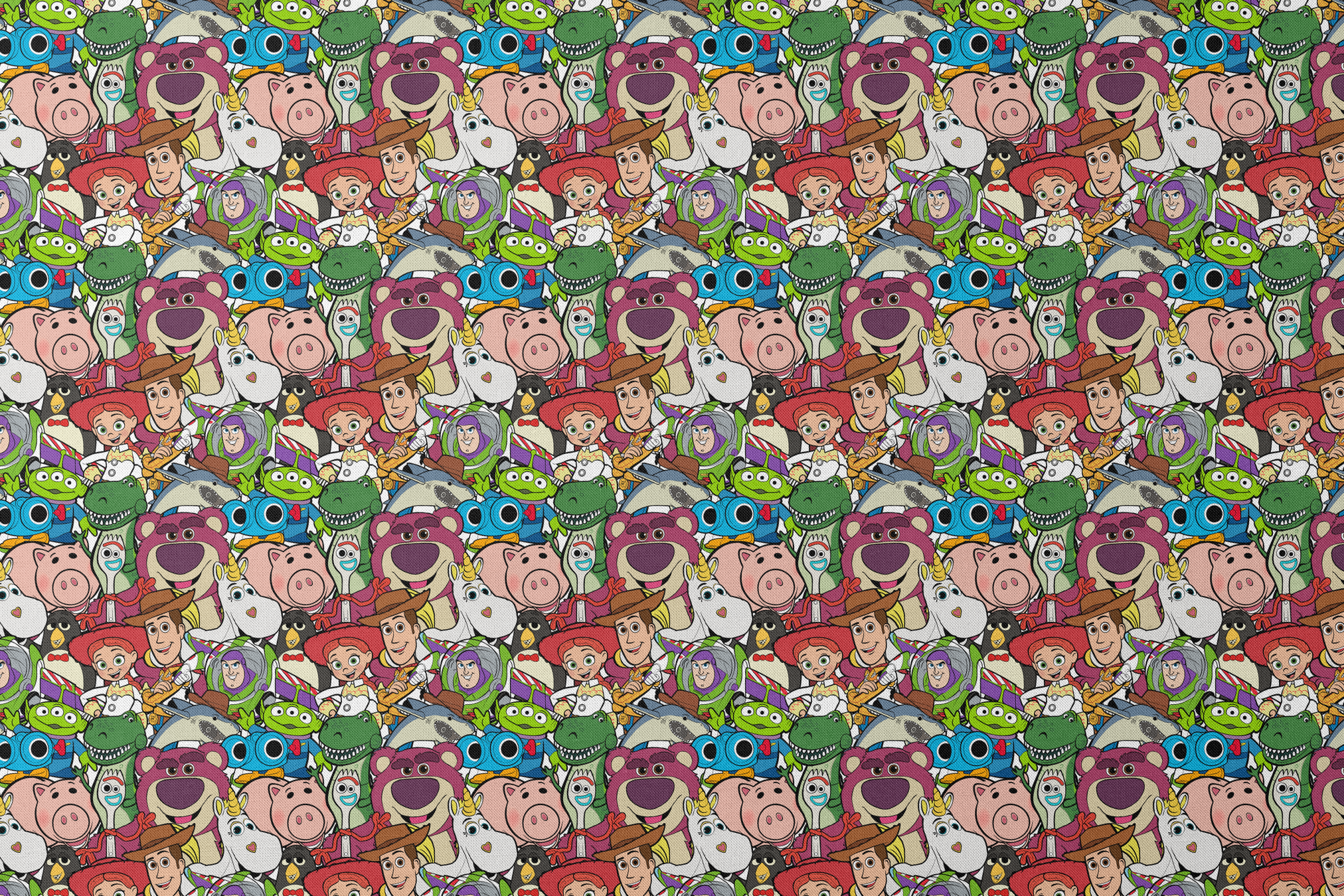 Colorful collage of Pixar and Disney animated characters including Toy Story, Monsters Inc, and other iconic cartoon figures designs flat mockup