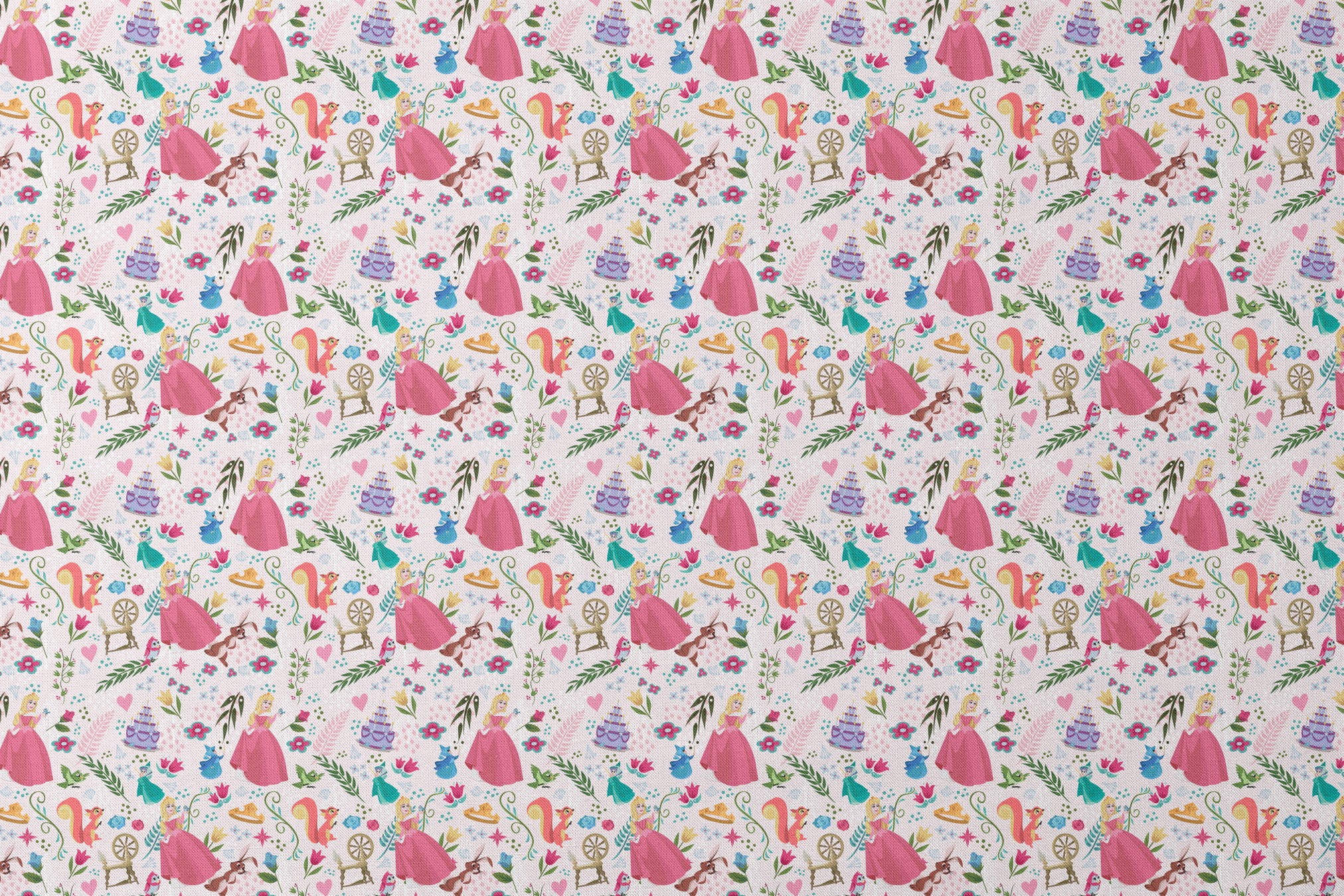Colorful Sleeping Beauty pattern with Aurora, animals, flowers, spinning wheel, and cake on light background designs flat mockup