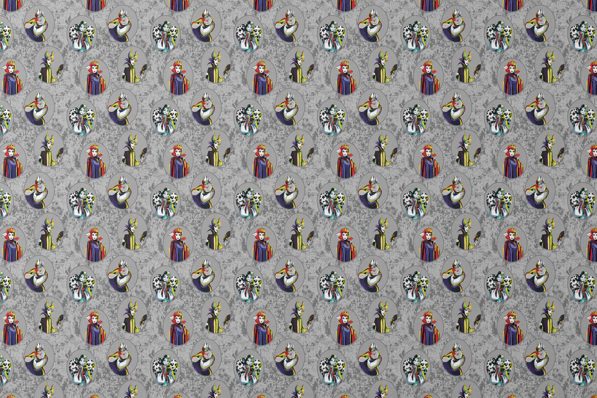 Disney villain characters in oval portraits on gray marbled background, including Ursula, Maleficent, Cruella, and Evil Queen designs flat mockup