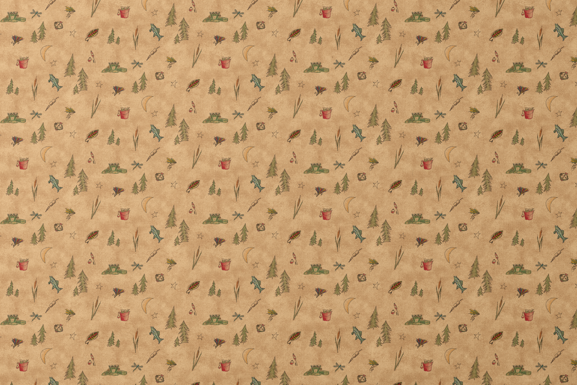 Outdoor camping pattern with tents, trees, lanterns, and nature elements on beige background designs flat mockup