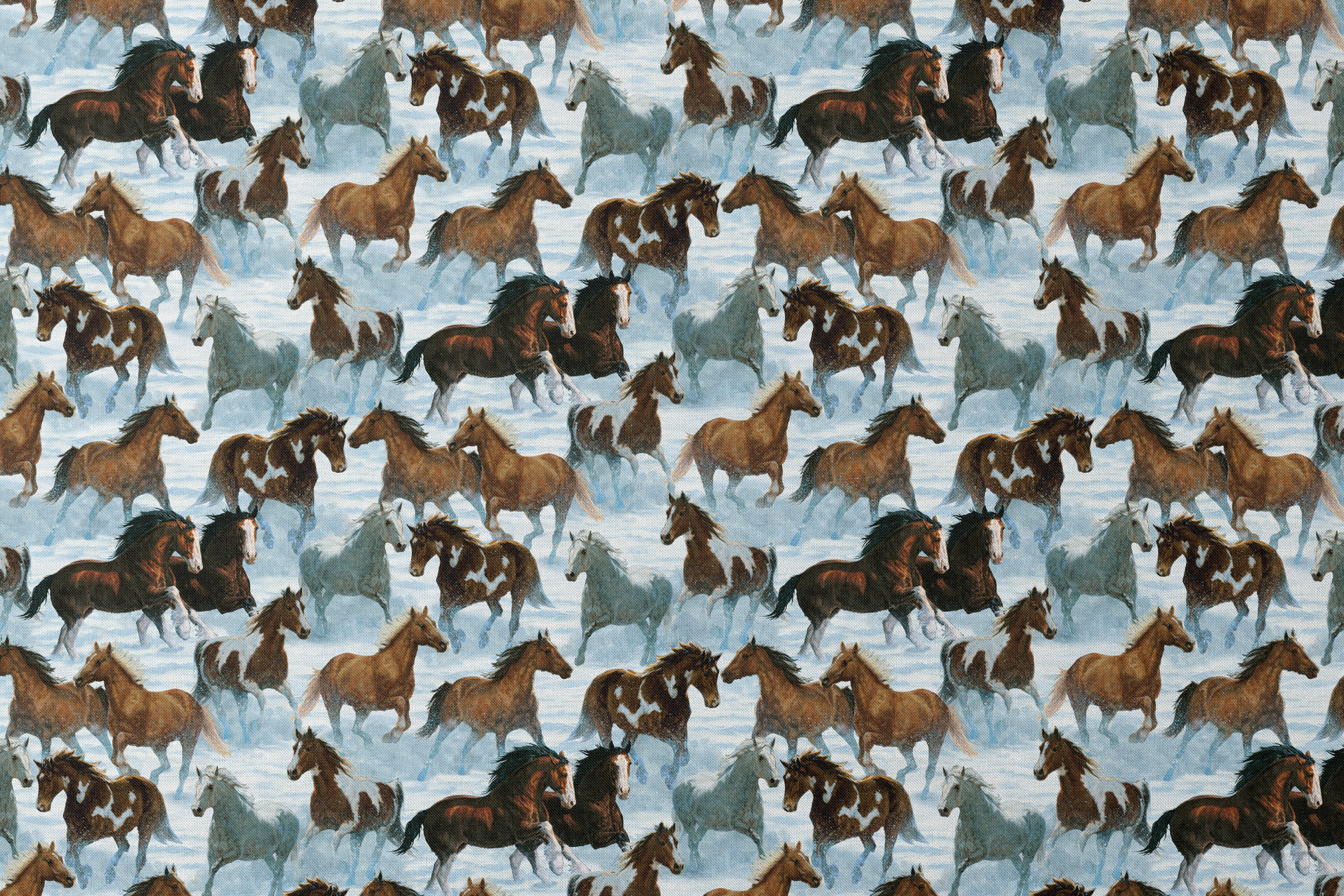 Wild horses running through snowy landscape in various brown, black and gray colors designs flat mockup