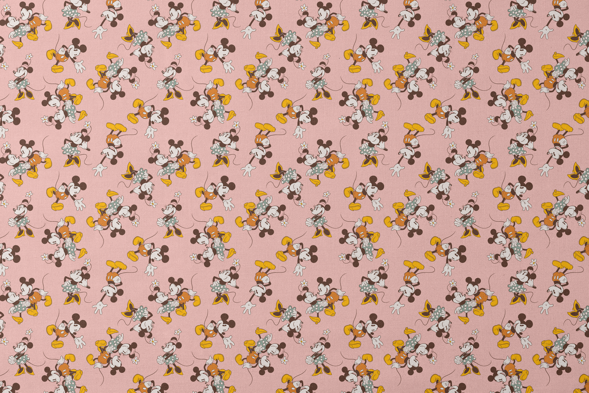 Mickey and Minnie Mouse characters in vintage style on pink background with repeated pattern designs flat mockup