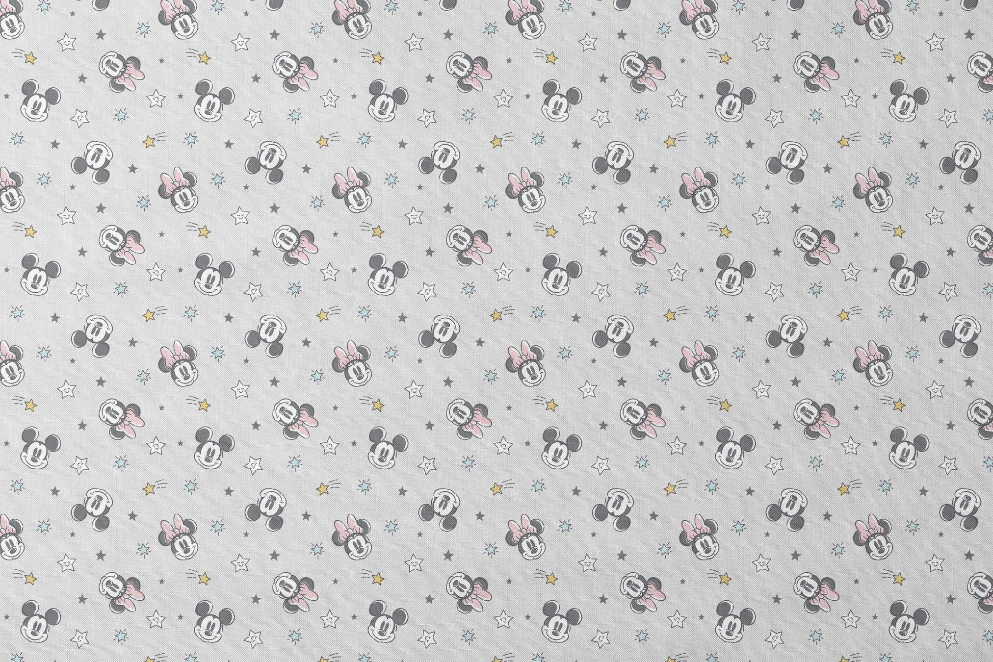 Mickey and Minnie Mouse pattern with stars on light gray background designs flat mockup