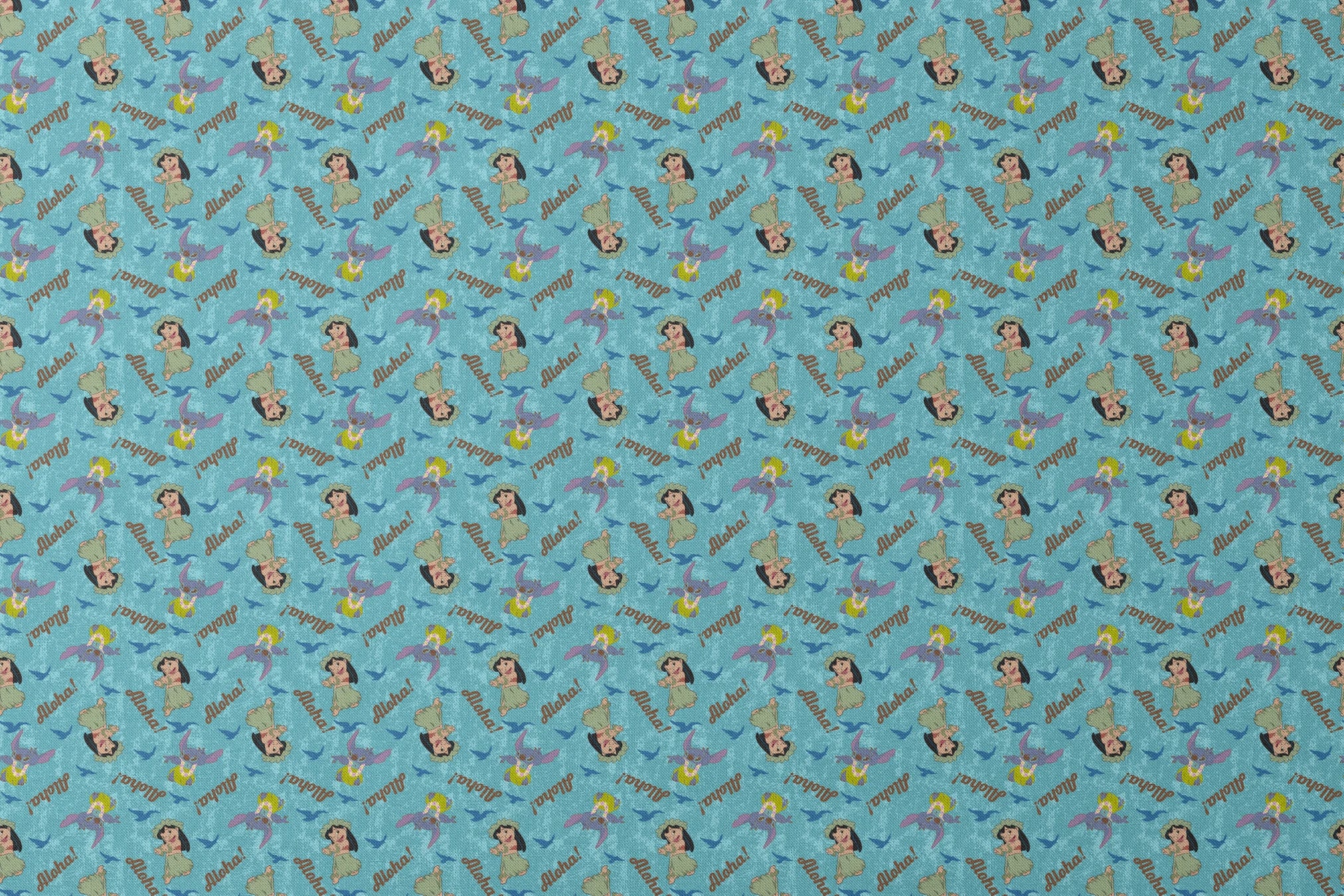 Lilo and Stitch pattern on turquoise background with "Aloha!" text and blue silhouettes designs flat mockup