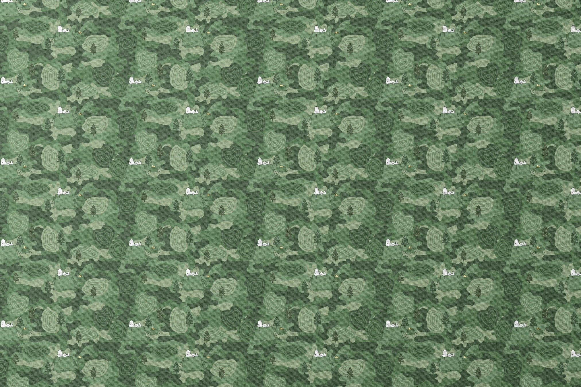 Snoopy camping scene with tents and trees on a green camouflage pattern background designs flat mockup