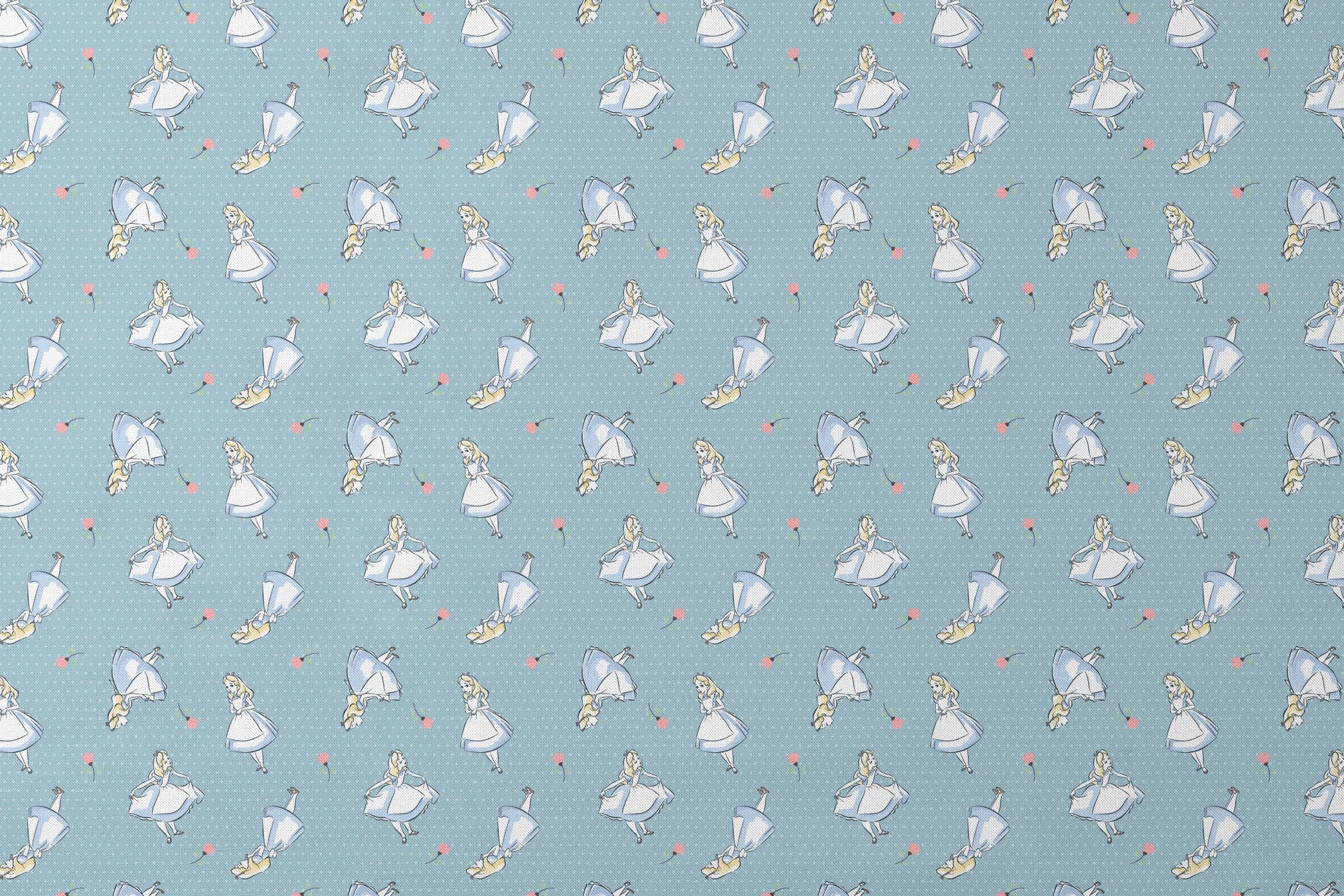 Blue polka dot pattern with illustrated characters in blue dresses and small pink flowers scattered throughout. designs flat mockup