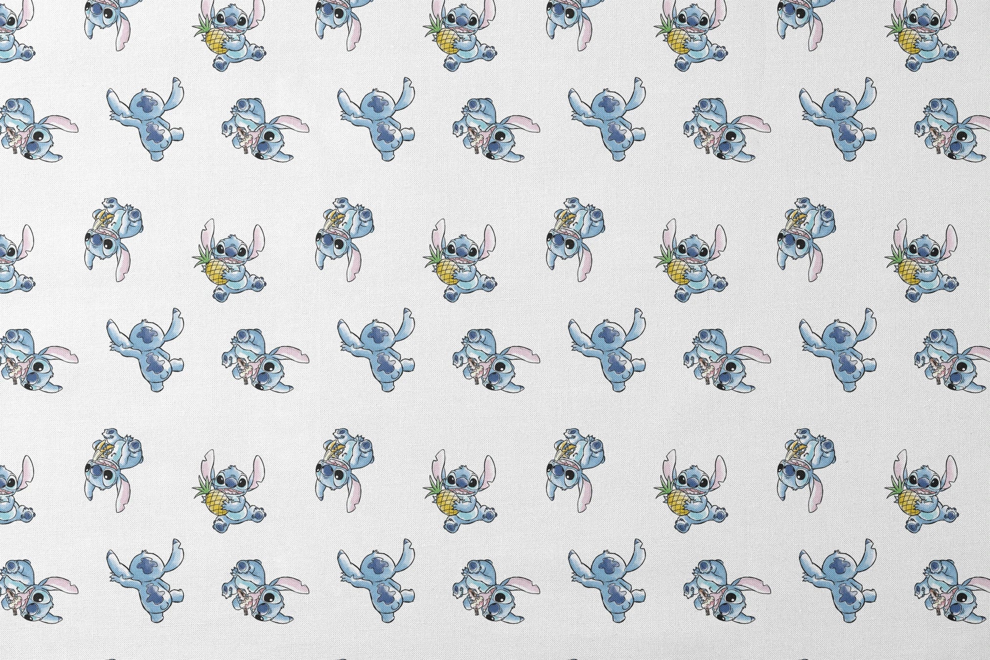 Disney's Stitch in various playful poses, some holding pineapples, on white background designs flat mockup