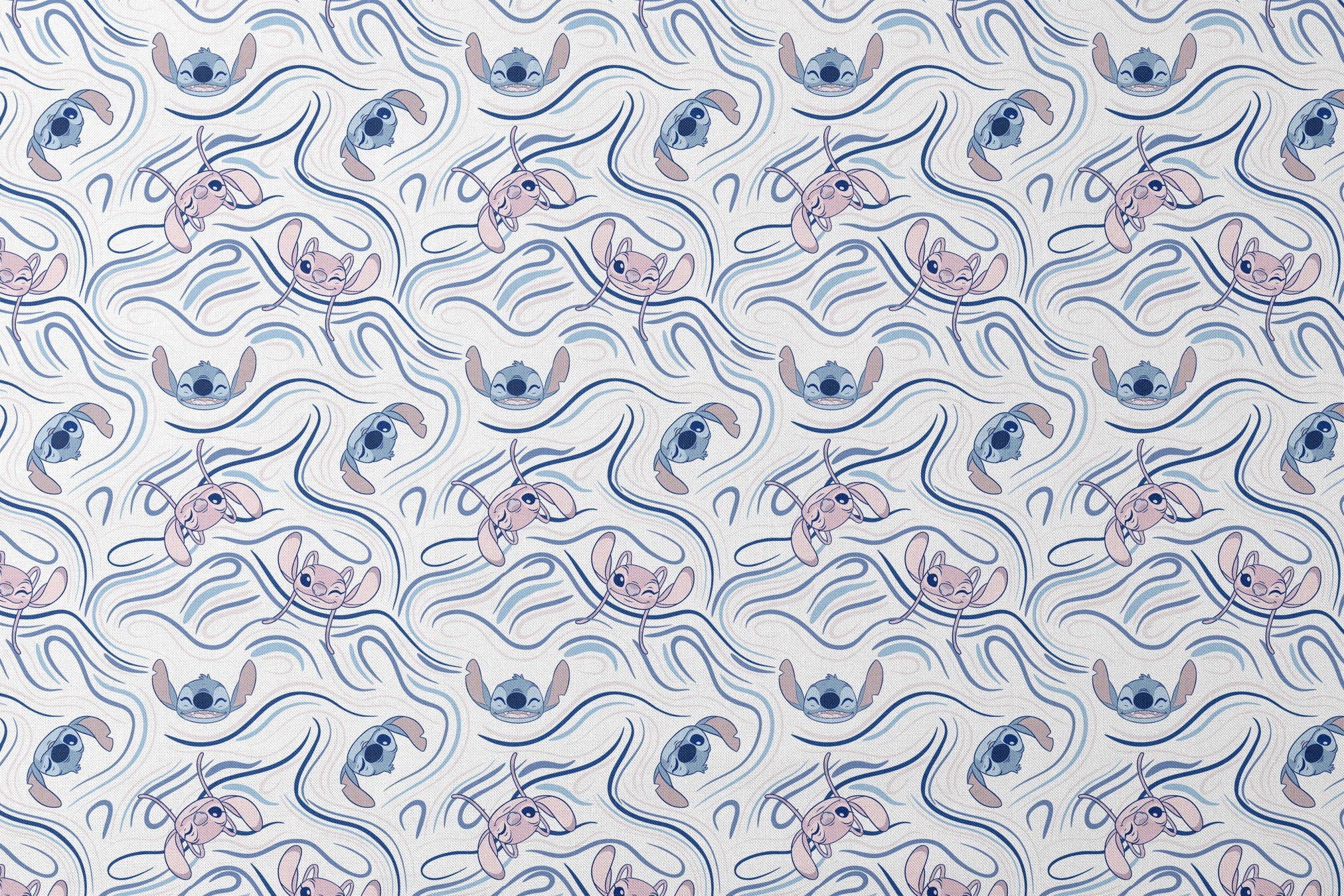 Blue alien character with large ears in various poses on swirling blue and white pattern background designs flat mockup