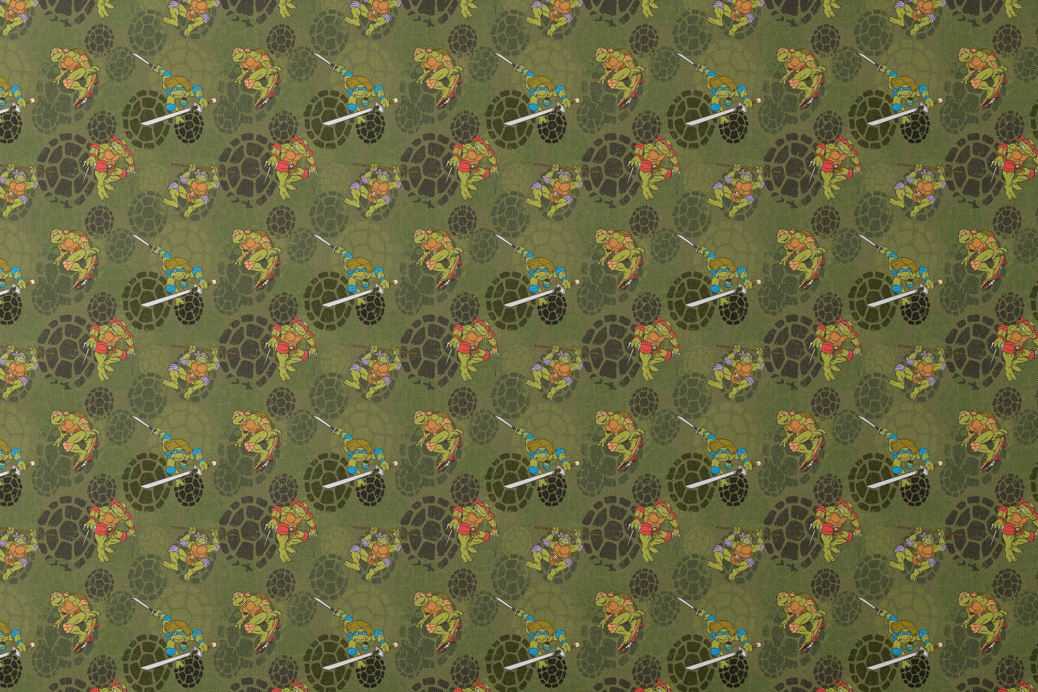 Teenage Mutant Ninja Turtles characters in action poses on green background with turtle shell patterns designs flat mockup