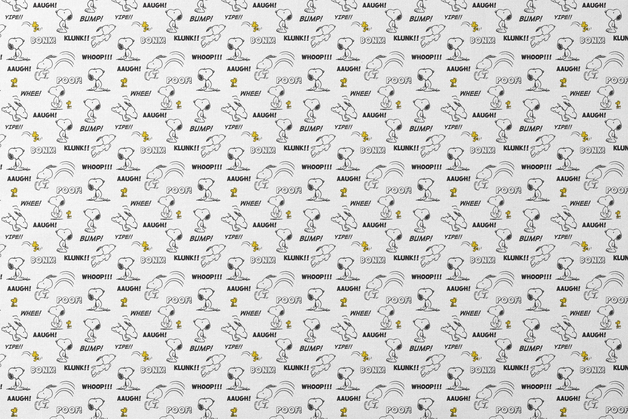 Comic-style pattern of Snoopy and Woodstock with sound effect words like "BONK!", "KLUNK!" and "BUMP!" in black and white. designs flat mockup