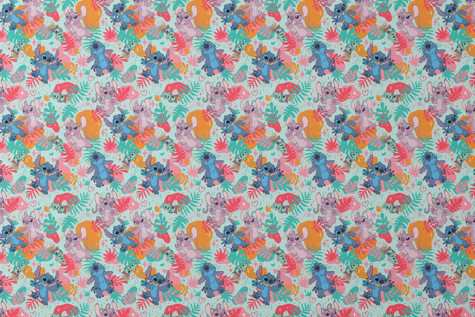 Colorful Stitch pattern with characters from Lilo & Stitch amid tropical leaves on turquoise background designs flat mockup
