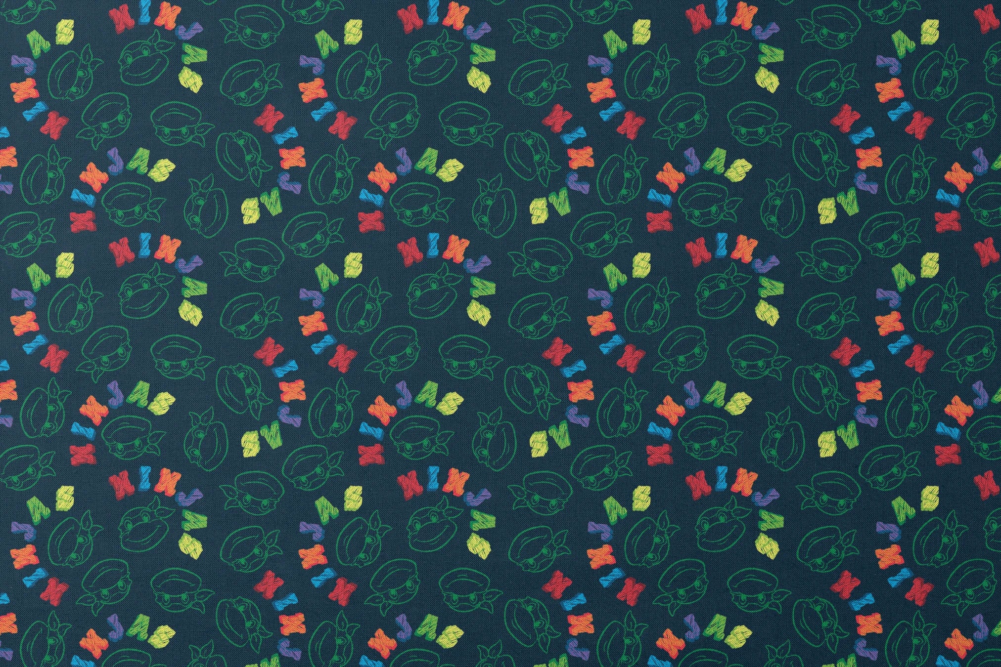 Colorful Ninja Turtles pattern with green outlines on dark blue background designs flat mockup