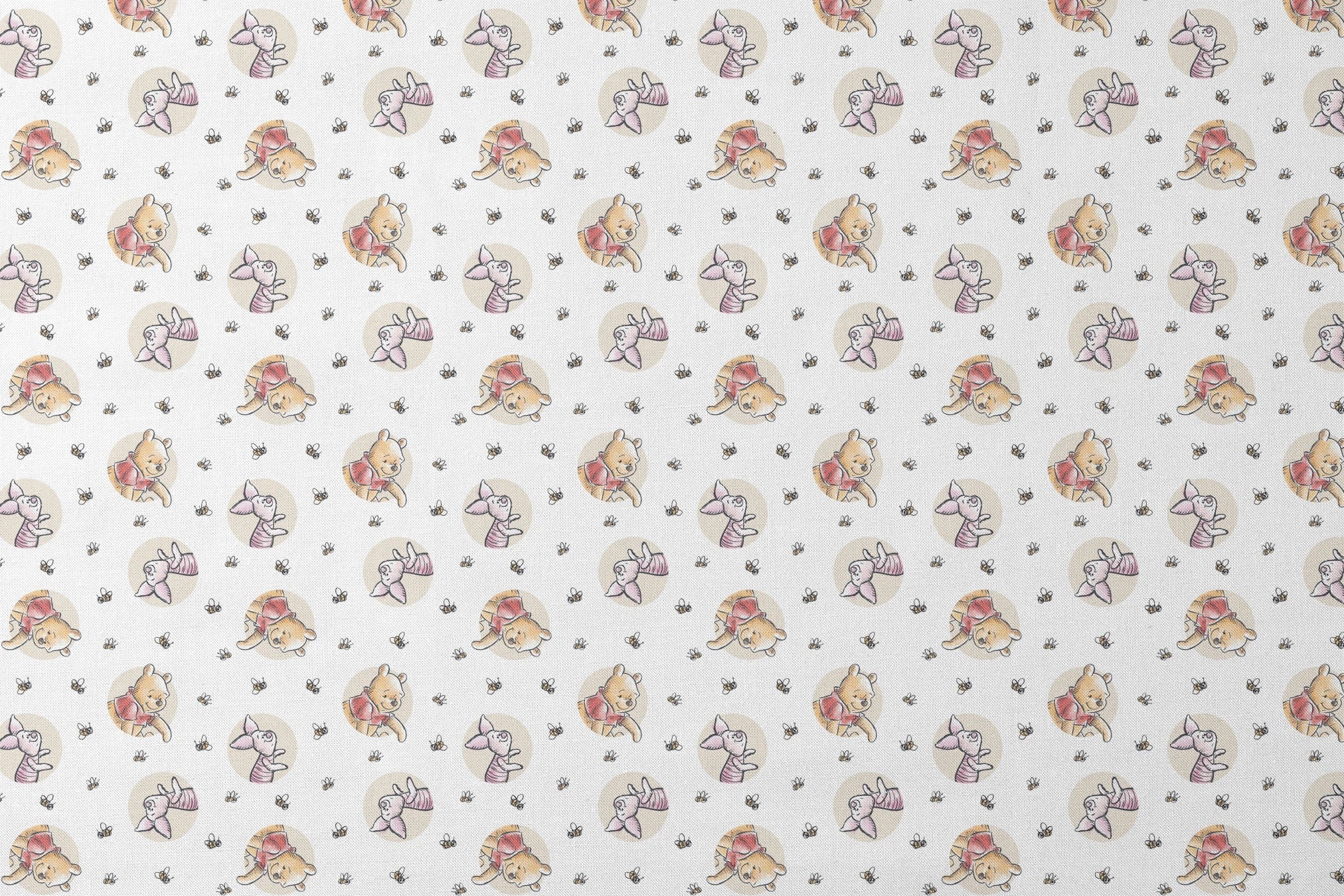 Cute cartoon Winnie the Pooh and Piglet pattern with circular vignettes and buzzing bees designs flat mockup