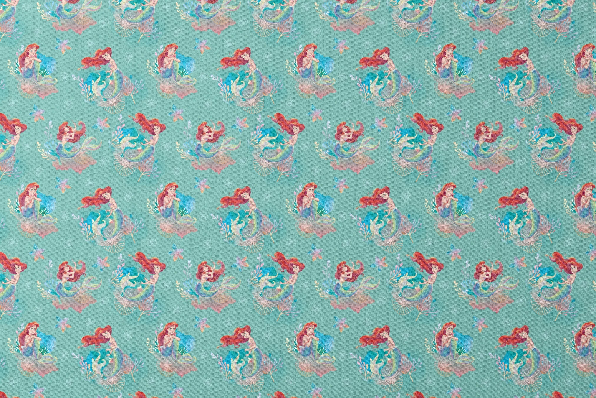 Whimsical teal pattern featuring mermaids with red hair, seashells, starfish, and coral in pastel colors designs flat mockup
